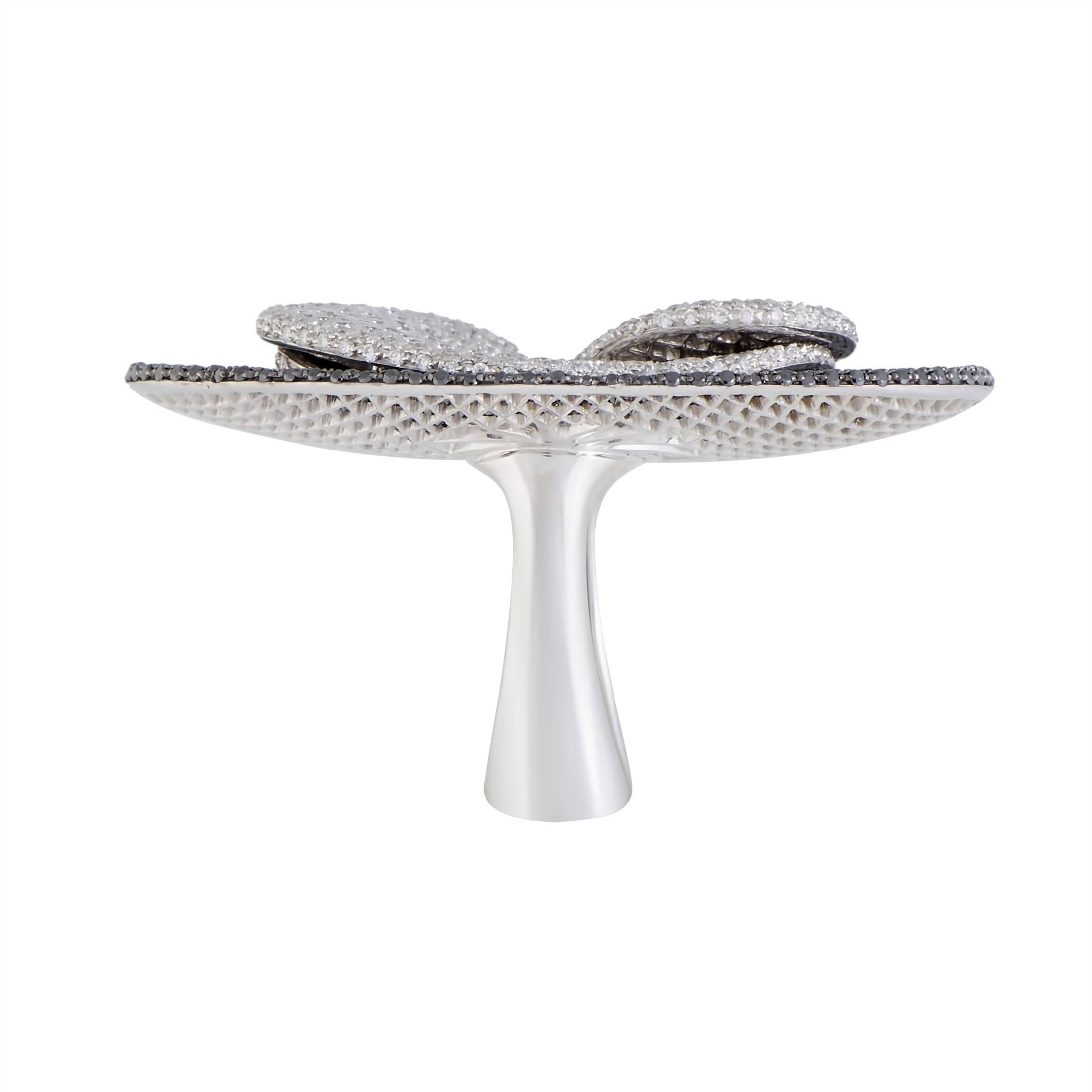 Round Cut Palmiero White and Black Diamond Pave White Gold Cocktail Ring