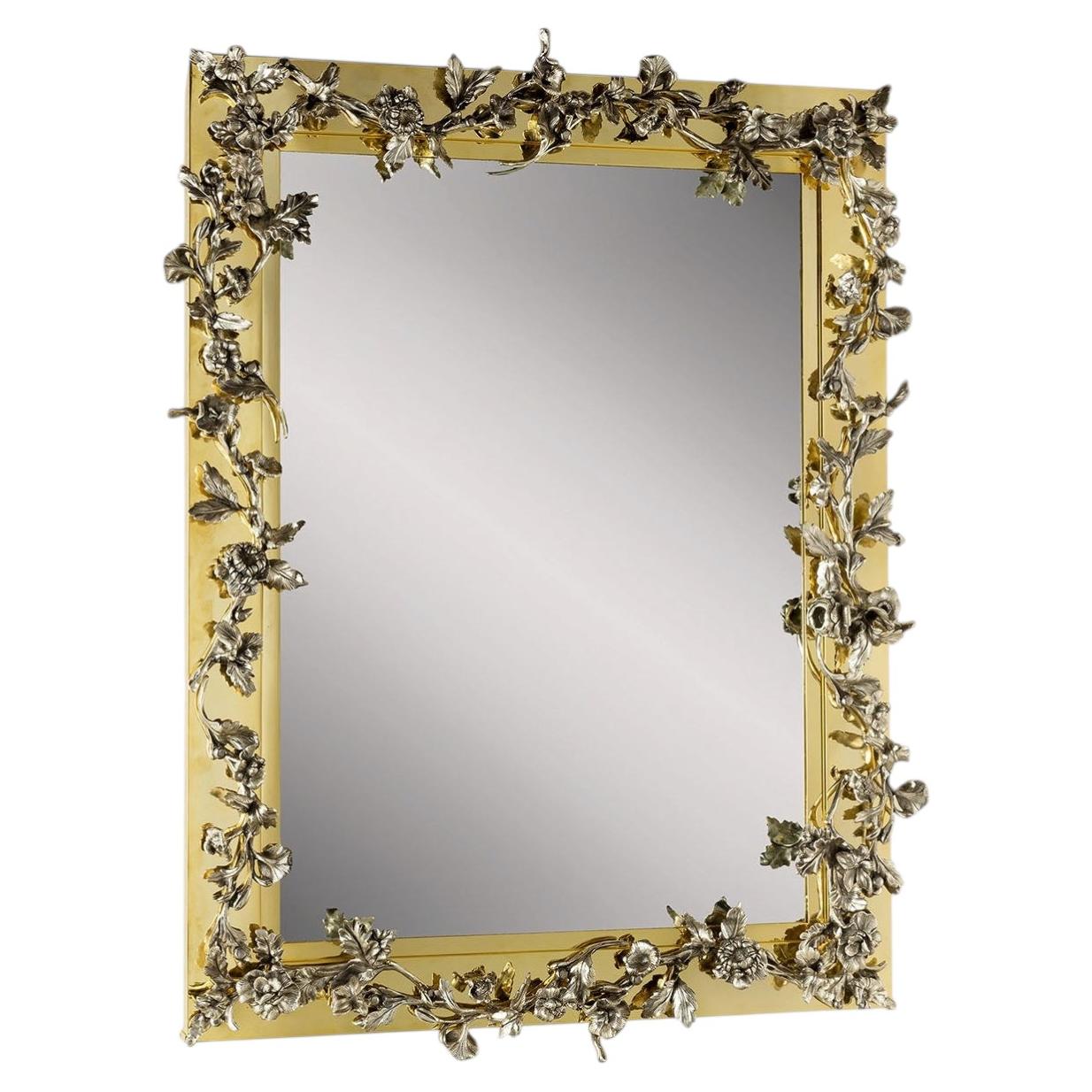 Palmira Rectangular Brass Wall Mirror with Bronze Flowers