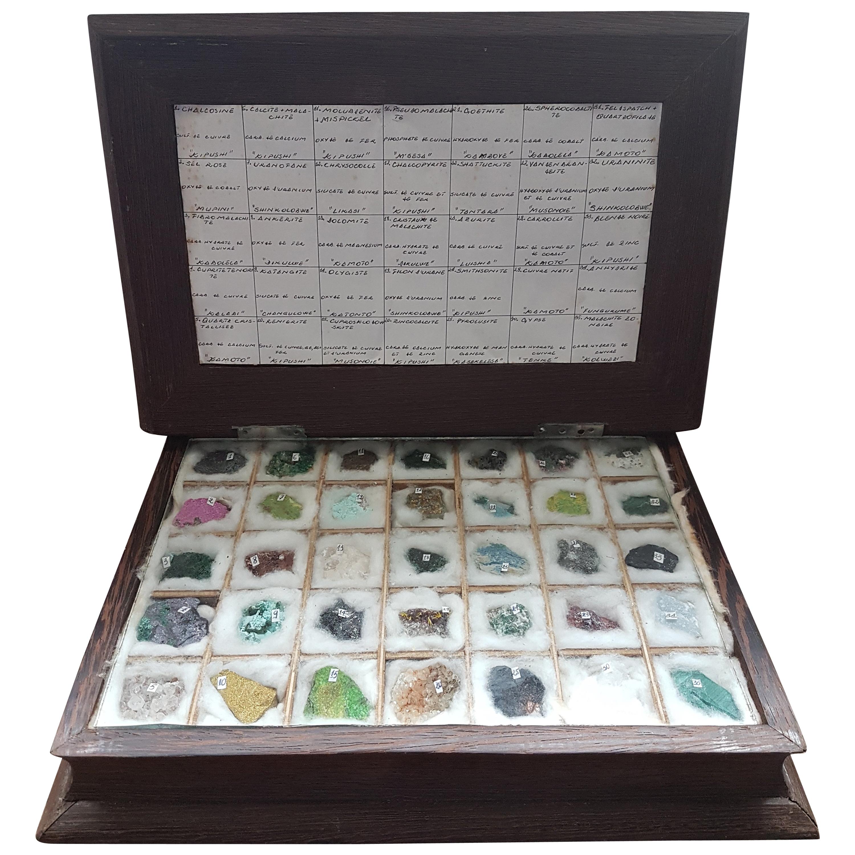 Palmwood Book Box of 35 Mineral Specimens from Democratic Republic of Congo For Sale