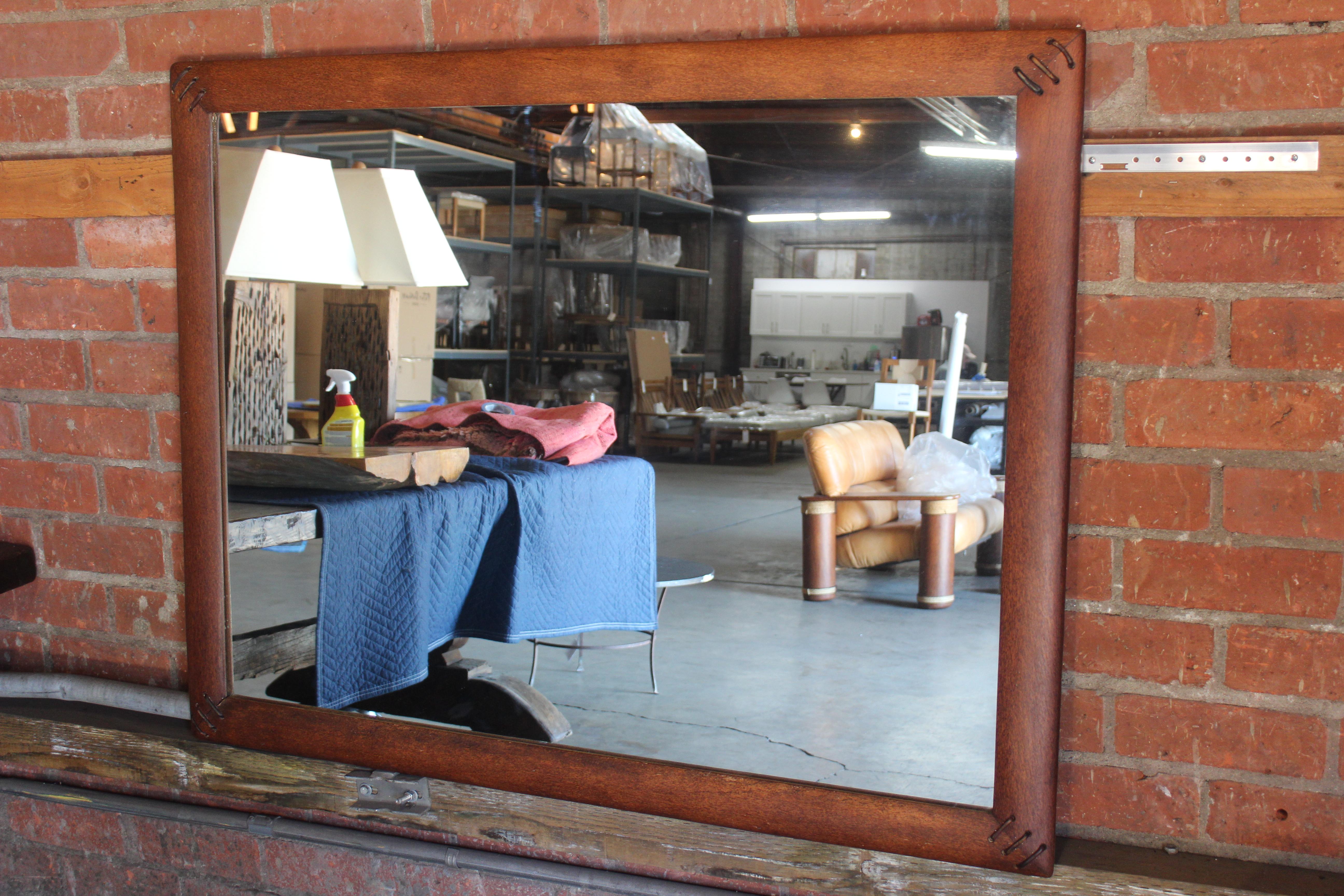 Palmwood & Leather Mirror by Pacific Green, Australia, 1990s In Good Condition In Los Angeles, CA
