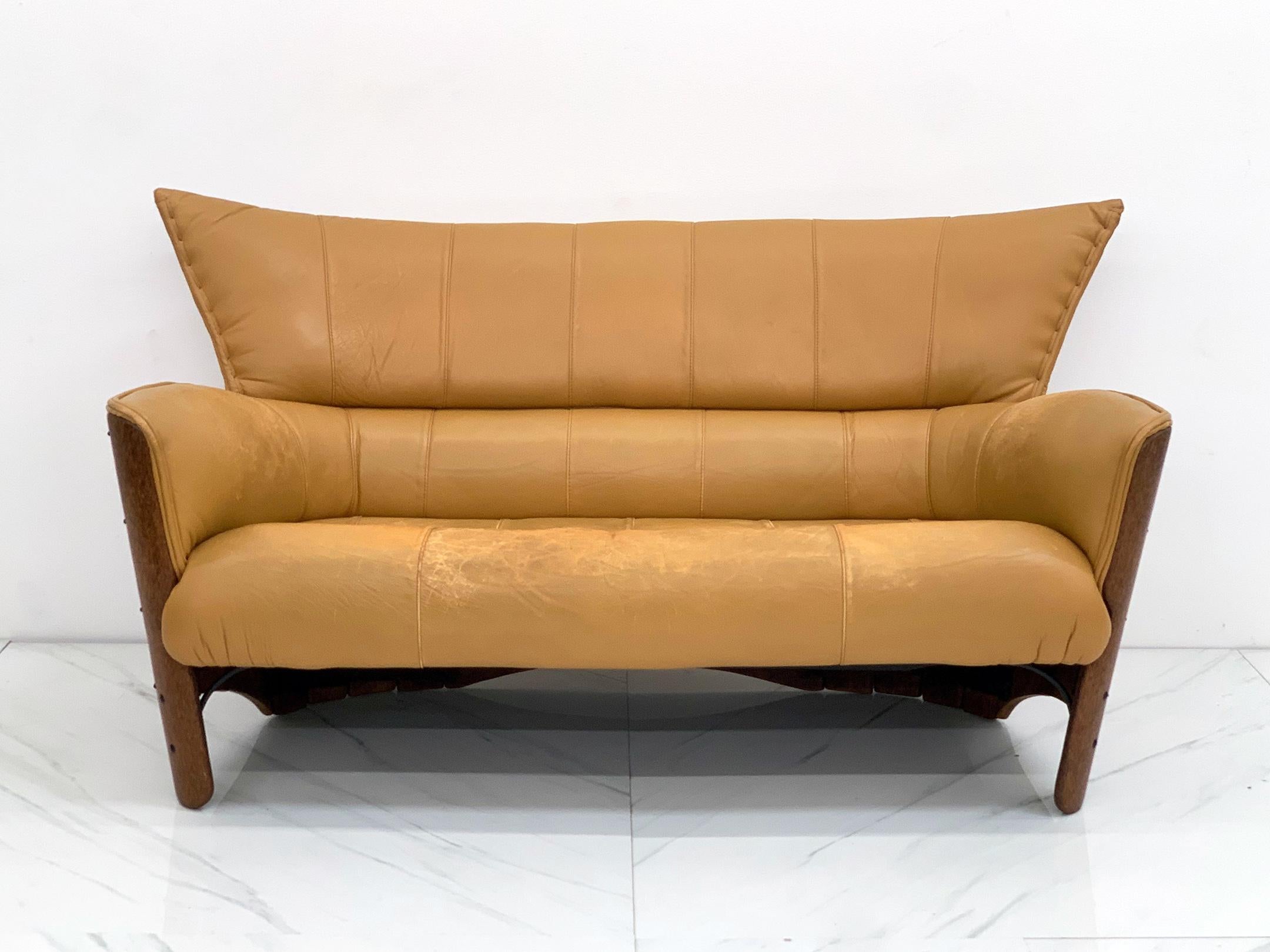 Fijian Palmwood Wrapped Cognac Leather Sofa, Pacific Green Furniture, 1990's