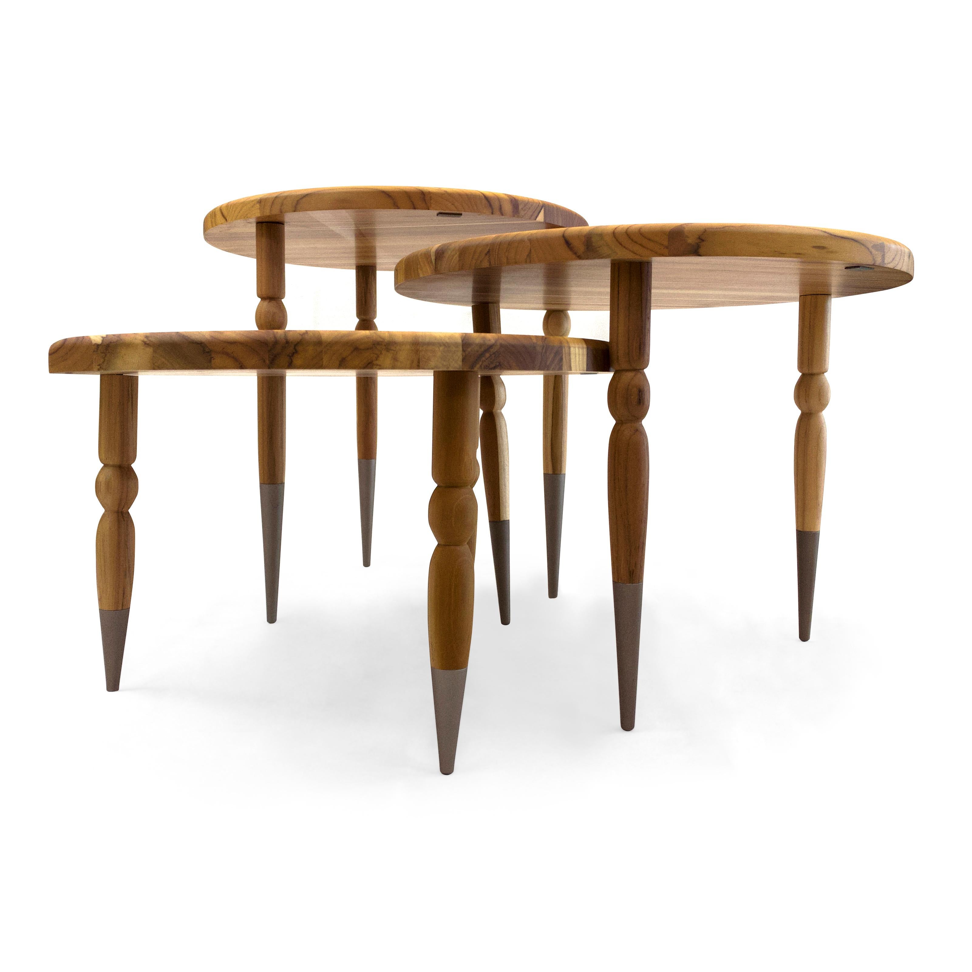 This beautiful set created by our amazing Uultis design team is a set of three occasional tables in a teak wood finish with chocolate shapely turned spindle legs that provide a sophisticated style that you will not regret having in your house. This