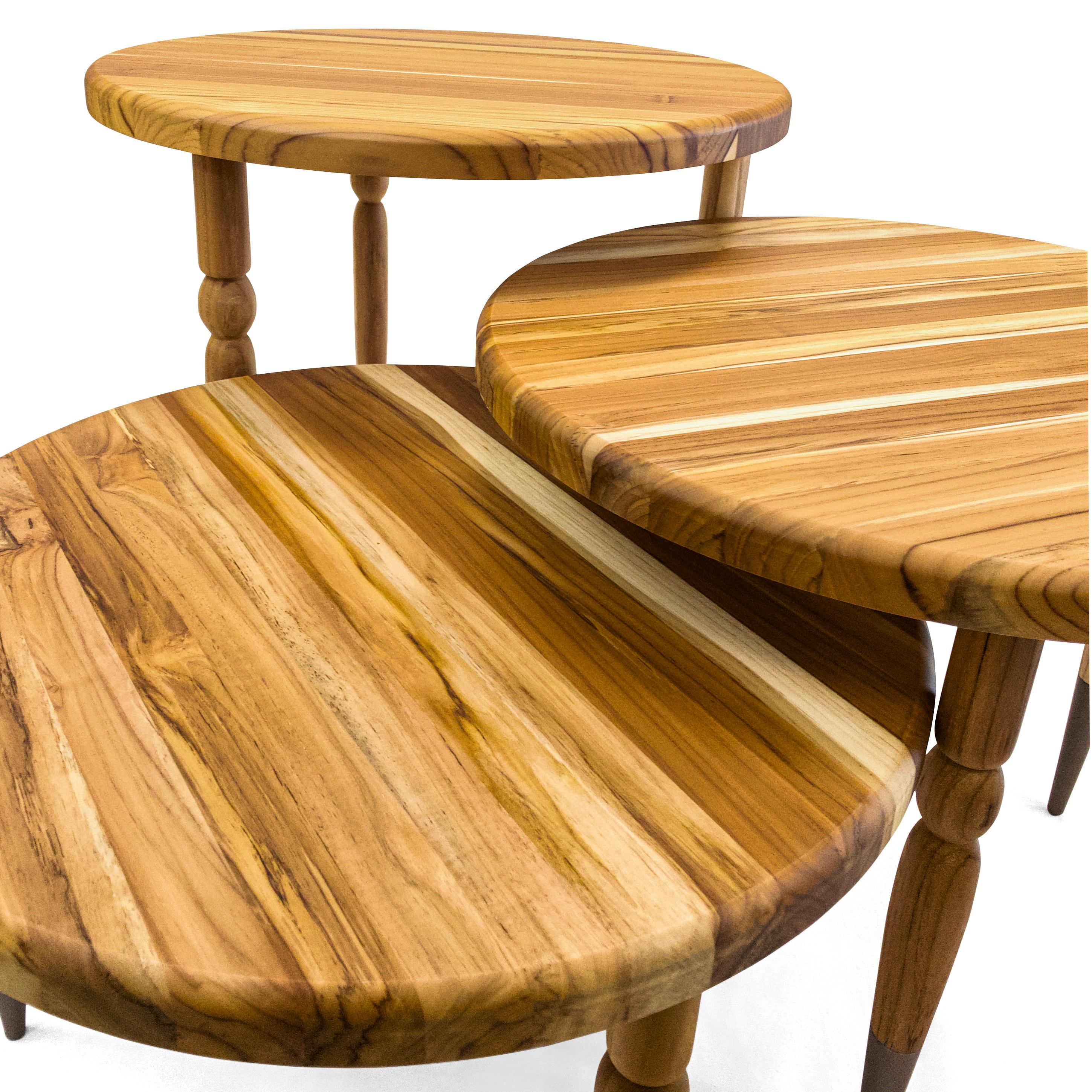 Brazilian Palo Side Table in Teak Wood with Chocolate Turned Spindle Legs, Set of 3 For Sale