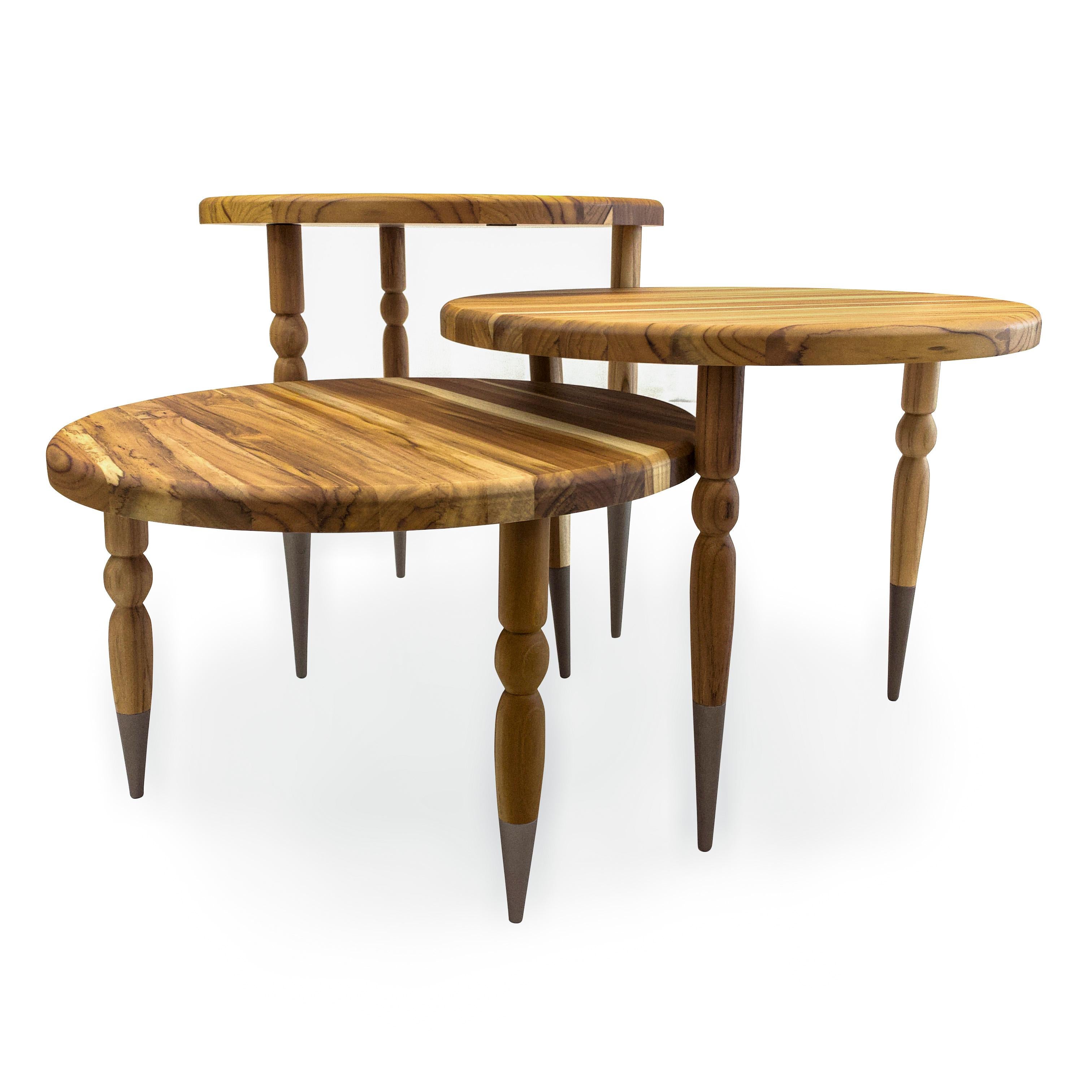 Palo Side Table in Teak Wood with Chocolate Turned Spindle Legs, Set of 3 In New Condition For Sale In Miami, FL