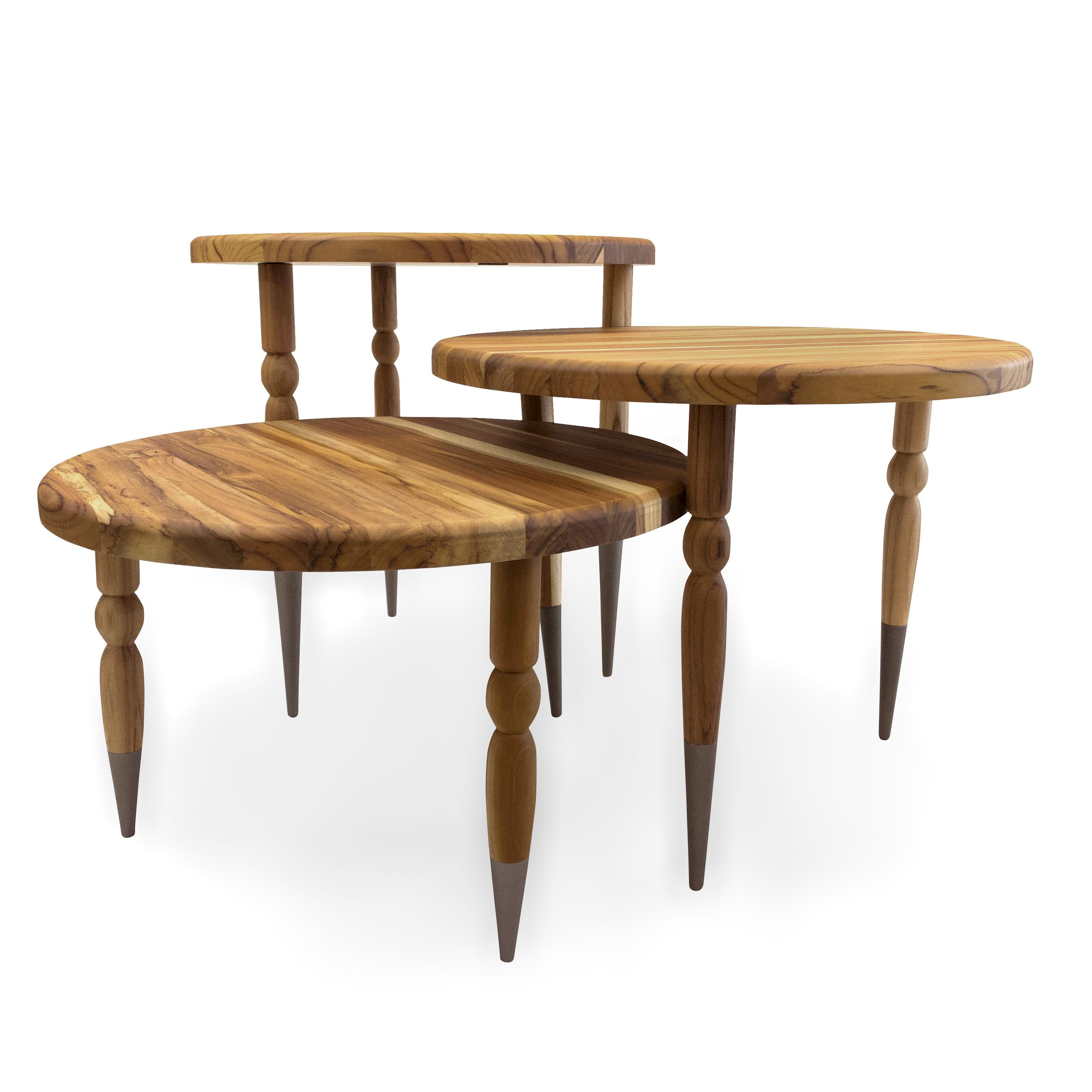 Contemporary Palo Side Table in Teak Wood with Chocolate Turned Spindle Legs, Set of 3 For Sale