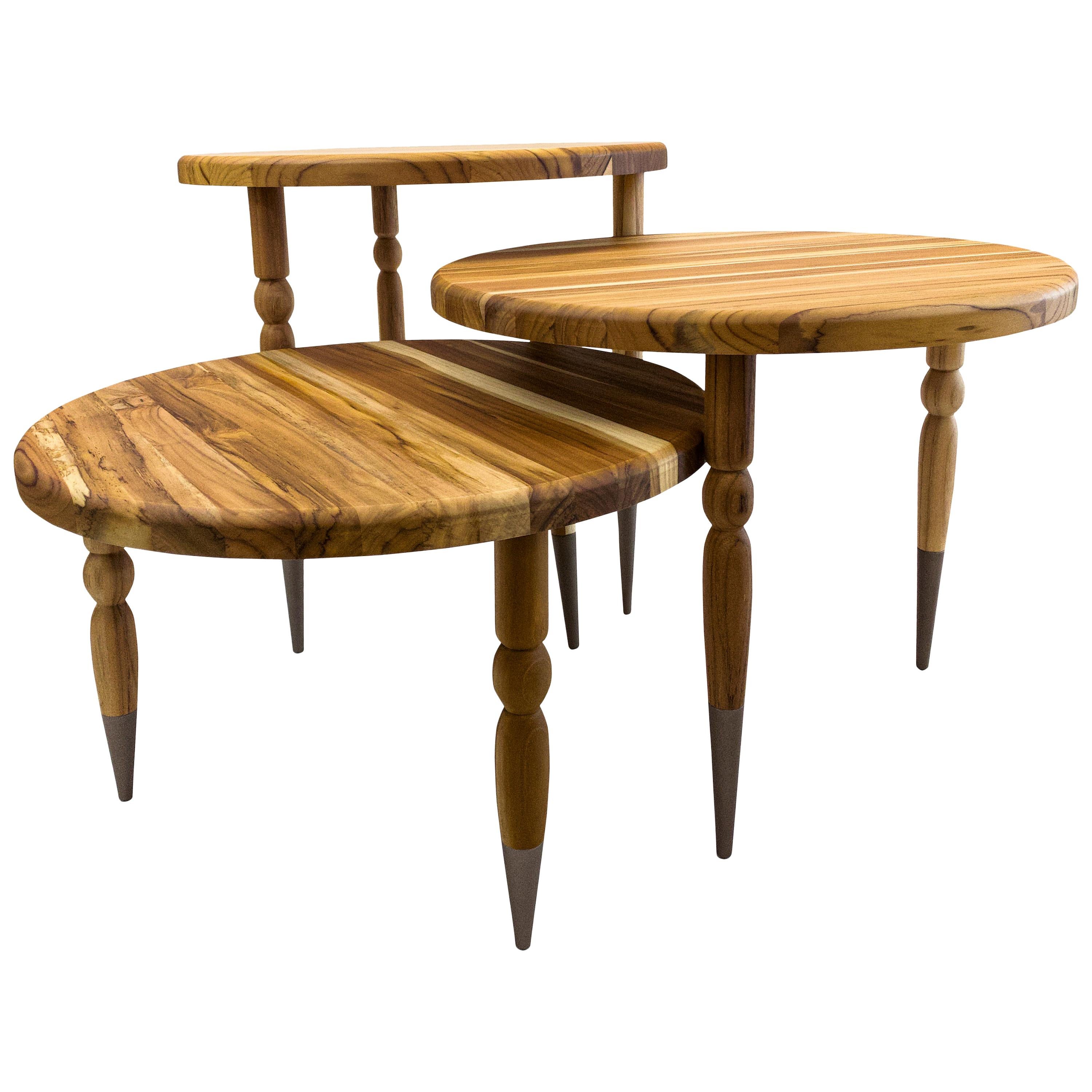 Palo Side Table in Teak Wood with Chocolate Turned Spindle Legs, Set of 3