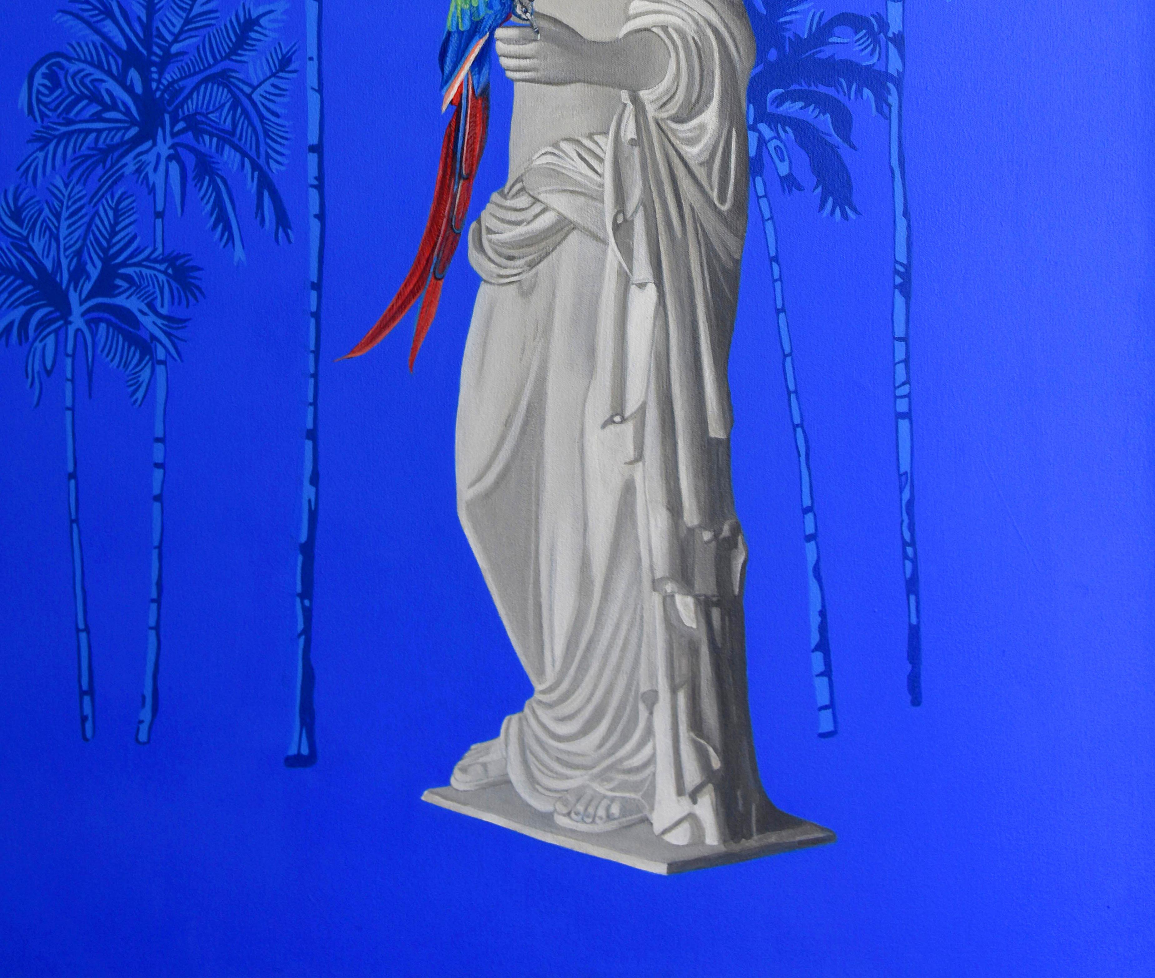 Venus und Aras. Aus der Reihe Tropicalia. Gemälde (Blau), Animal Painting, von Paloma Castello