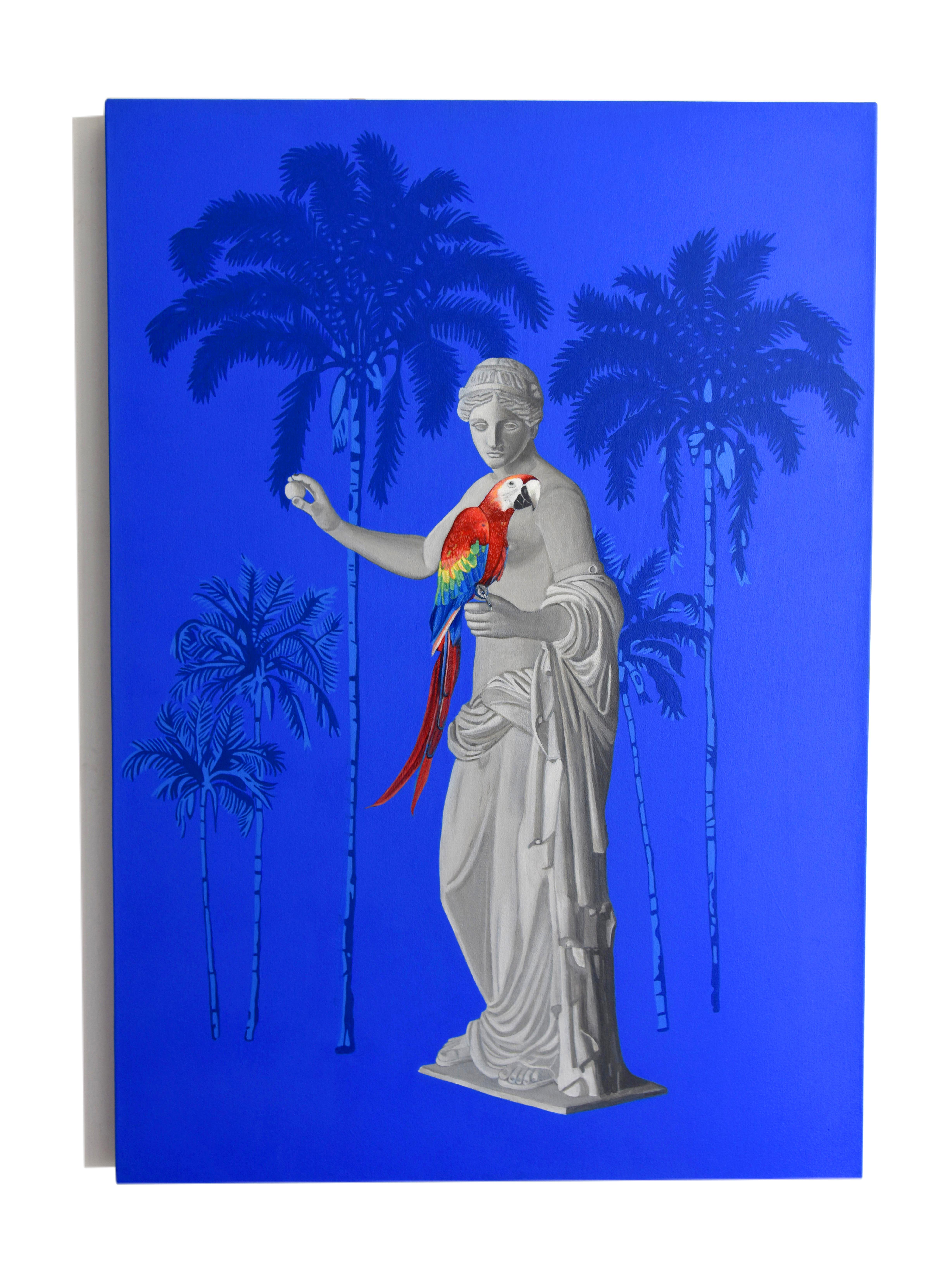 In dieser Serie verlegt Paloma Castello die klassischen Götter in ein unerwartetes Gebiet: ein tropisches Paradies, in dem Marmor, Früchte, Vögel und intensive Farben ohne Hierarchie nebeneinander existieren. Apollo und Venus lassen die