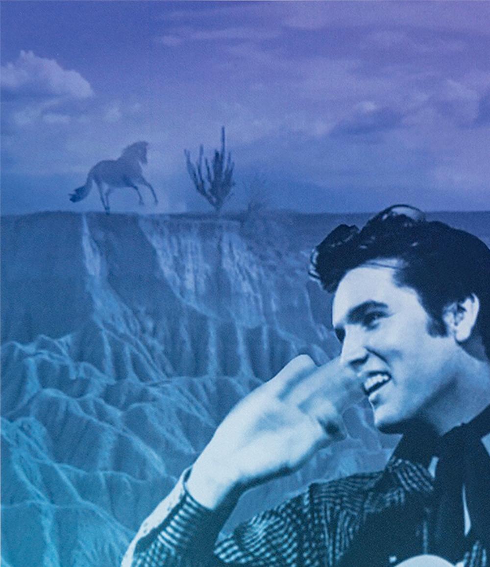 Elvis Presley, Tatacoa-Wüste. Porträt. Digitale Collage-Farbfotografie – Photograph von Paloma Castello