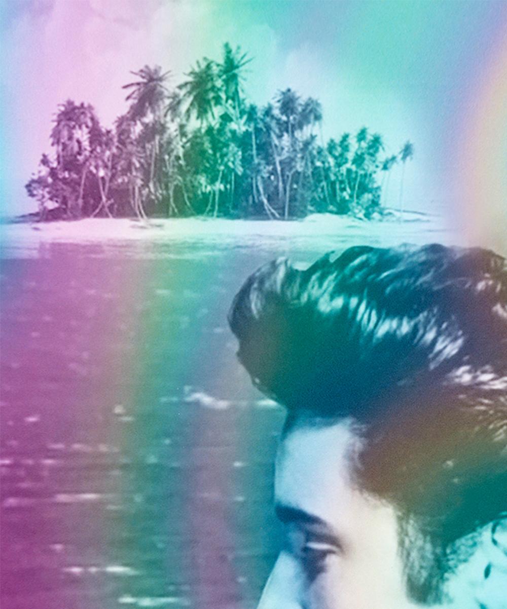 Elvis Presley, Tropical Island. Portrait. Digital Collage Color Photograph - Blue Portrait Photograph by Paloma Castello