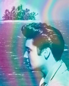 Elvis Presley, île tropicale. Portrait. Photographie numérique à collage de couleur