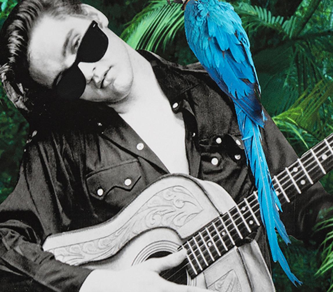 Elvis Presley, Tropical Jungle. Portrait. Digital Collage Color Photograph - Black Portrait Photograph by Paloma Castello