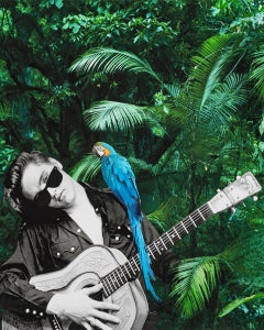 Elvis Presley, Tropischer Dschungel. Porträt. Digitale Collage-Farbfotografie