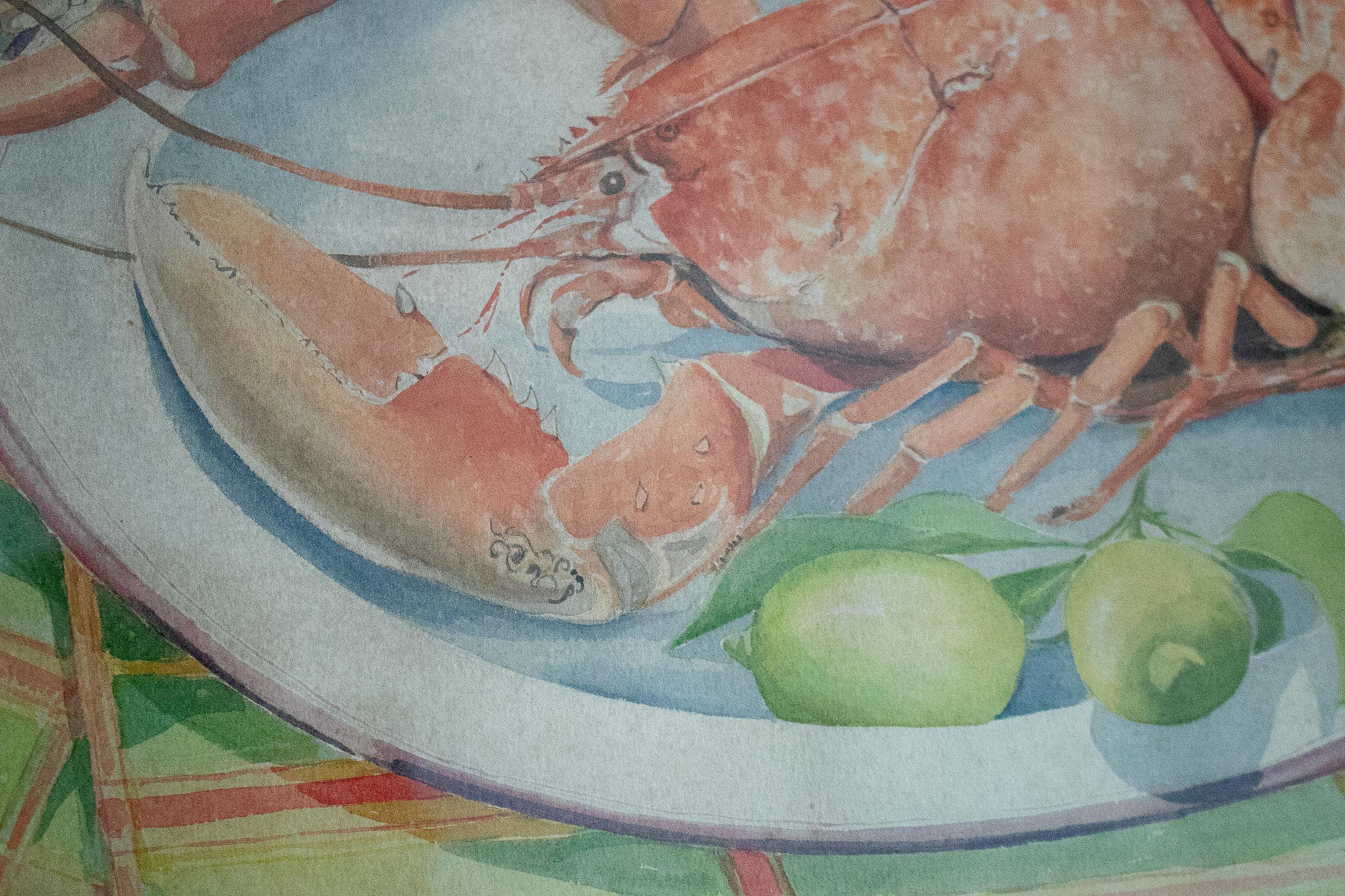 Paper Paloma de Sanjuanena, Jaime Parladé's Wife, 1980 Lobster Still-Life Watercolour For Sale