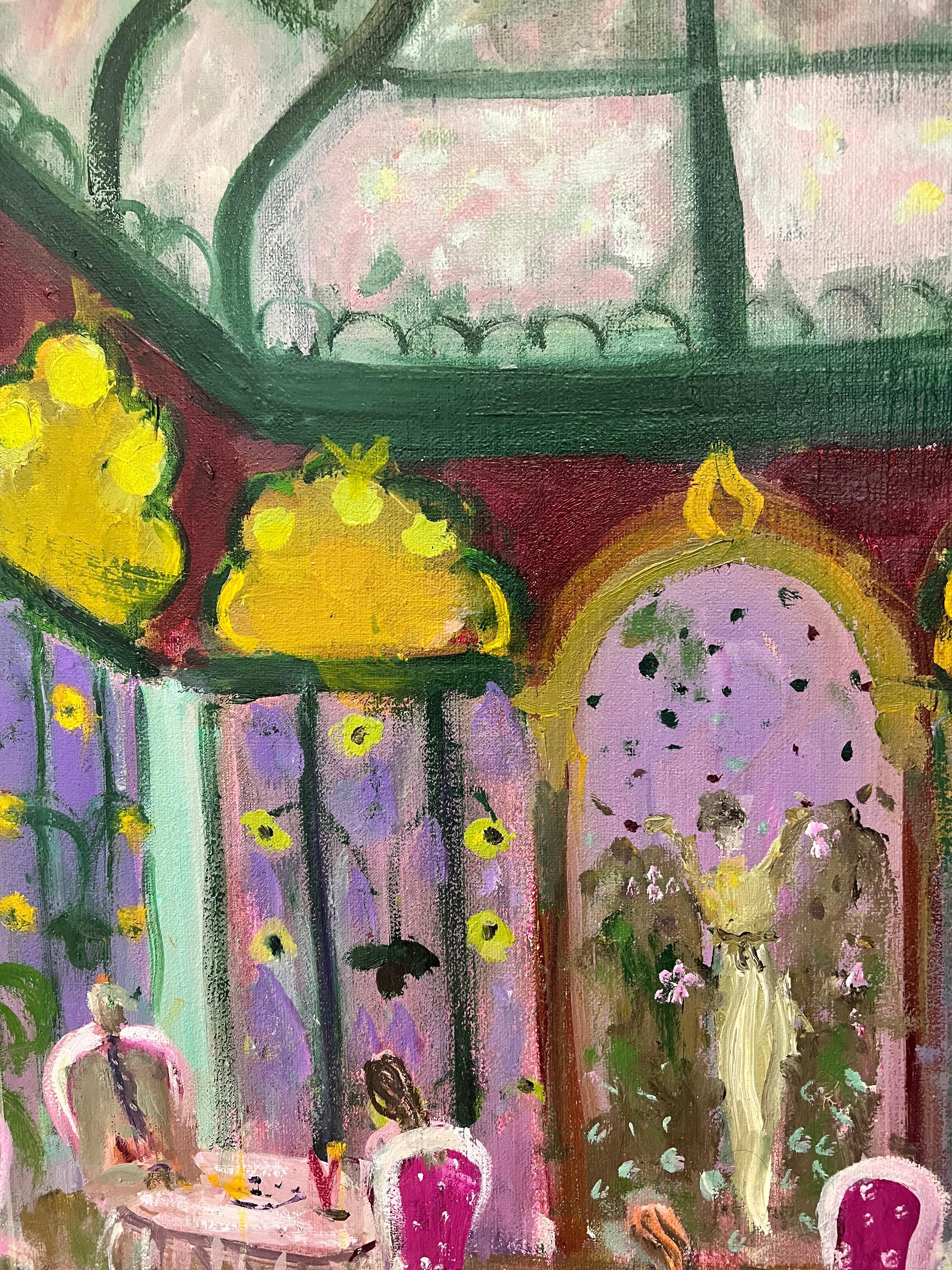 This painting is in excellent condition and has only been shown in a gallery. This painting features the beautiful Art Deco interior of the Beef Bar Restaurant in Paris.  Her works were recently featured in the March issue of American Art Collector