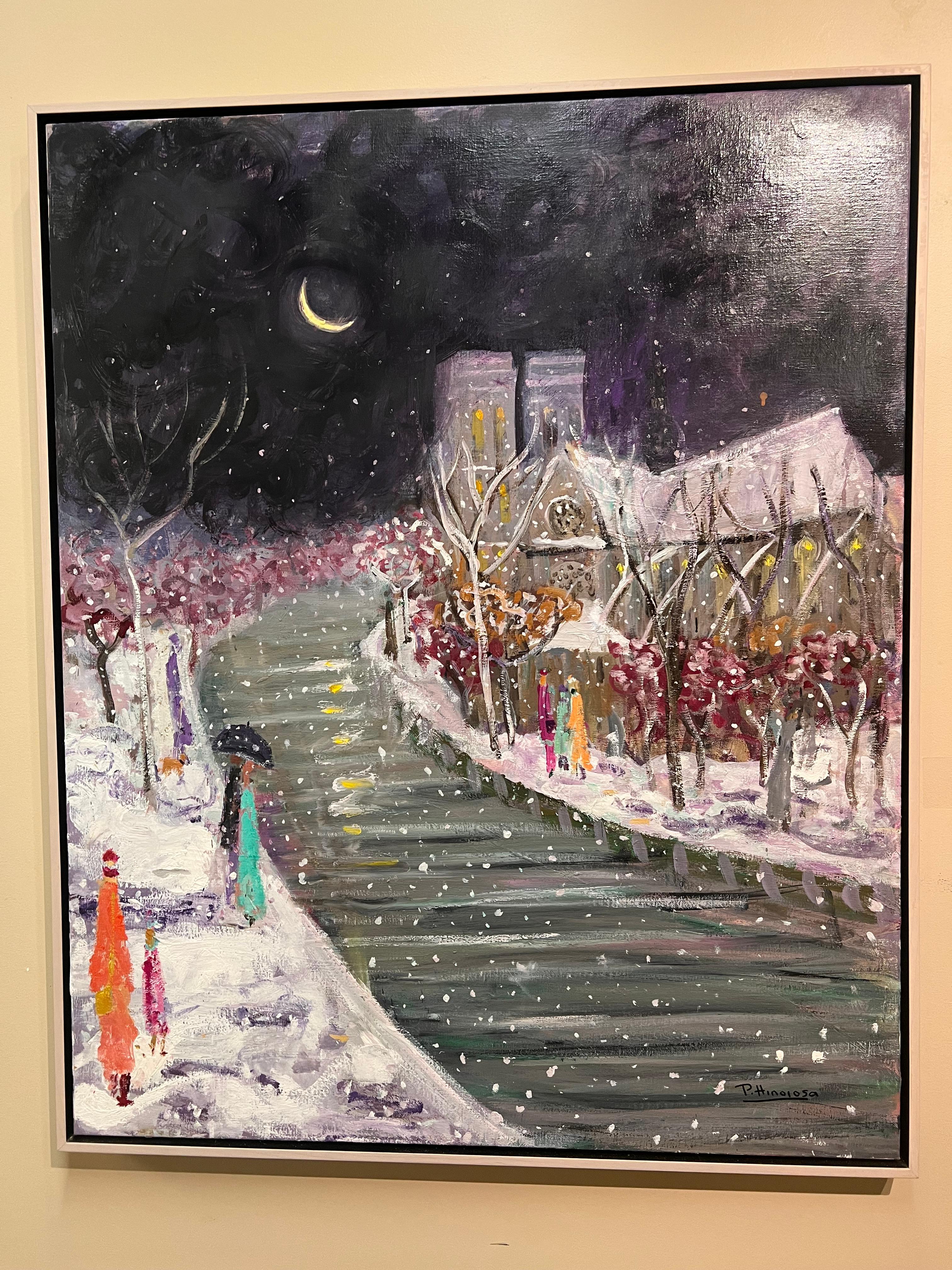 Nieve sobre Notre Dame (Schau in Notre Dame) Paris, Frankreich – Painting von Paloma Hinojosa