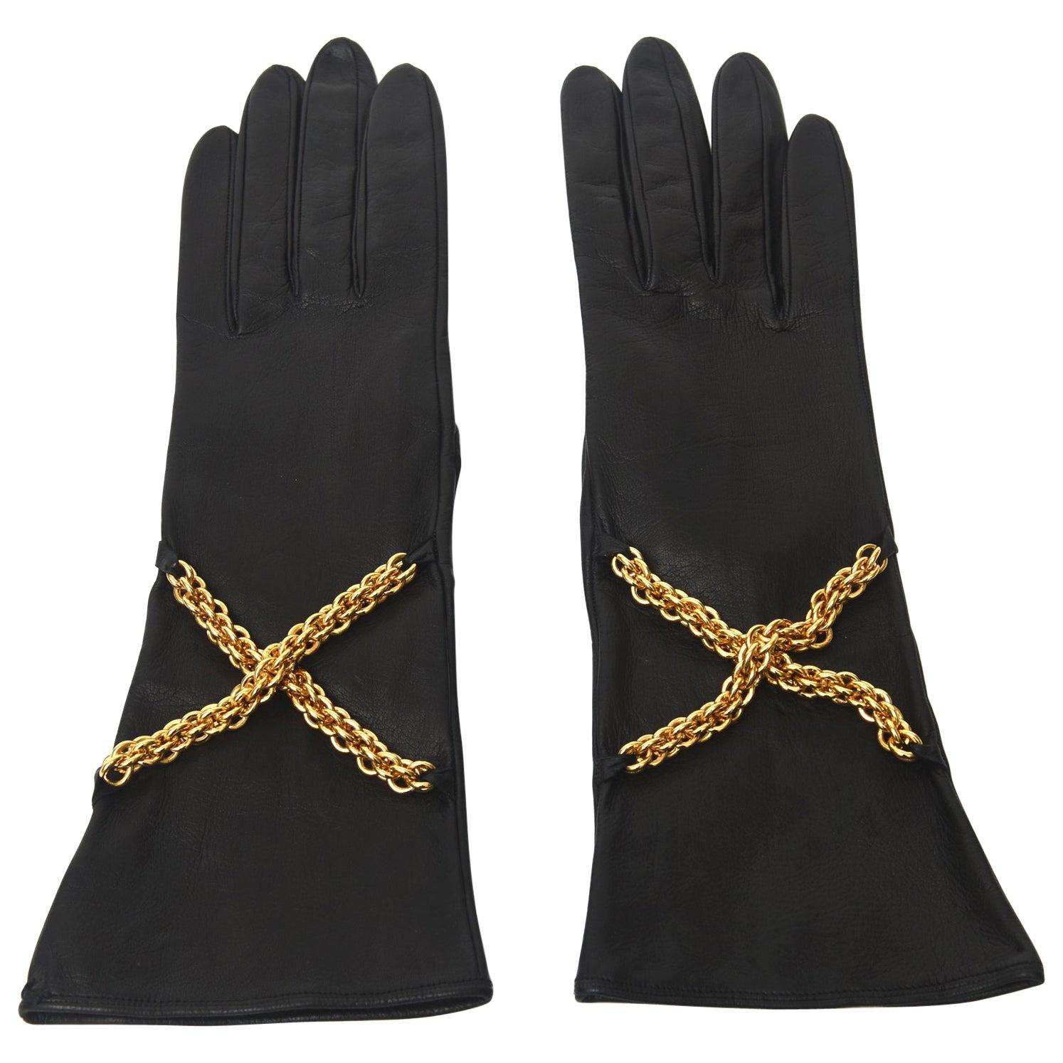  Paloma Picasso Back Leather and Brass Chain Gloves Pair Of