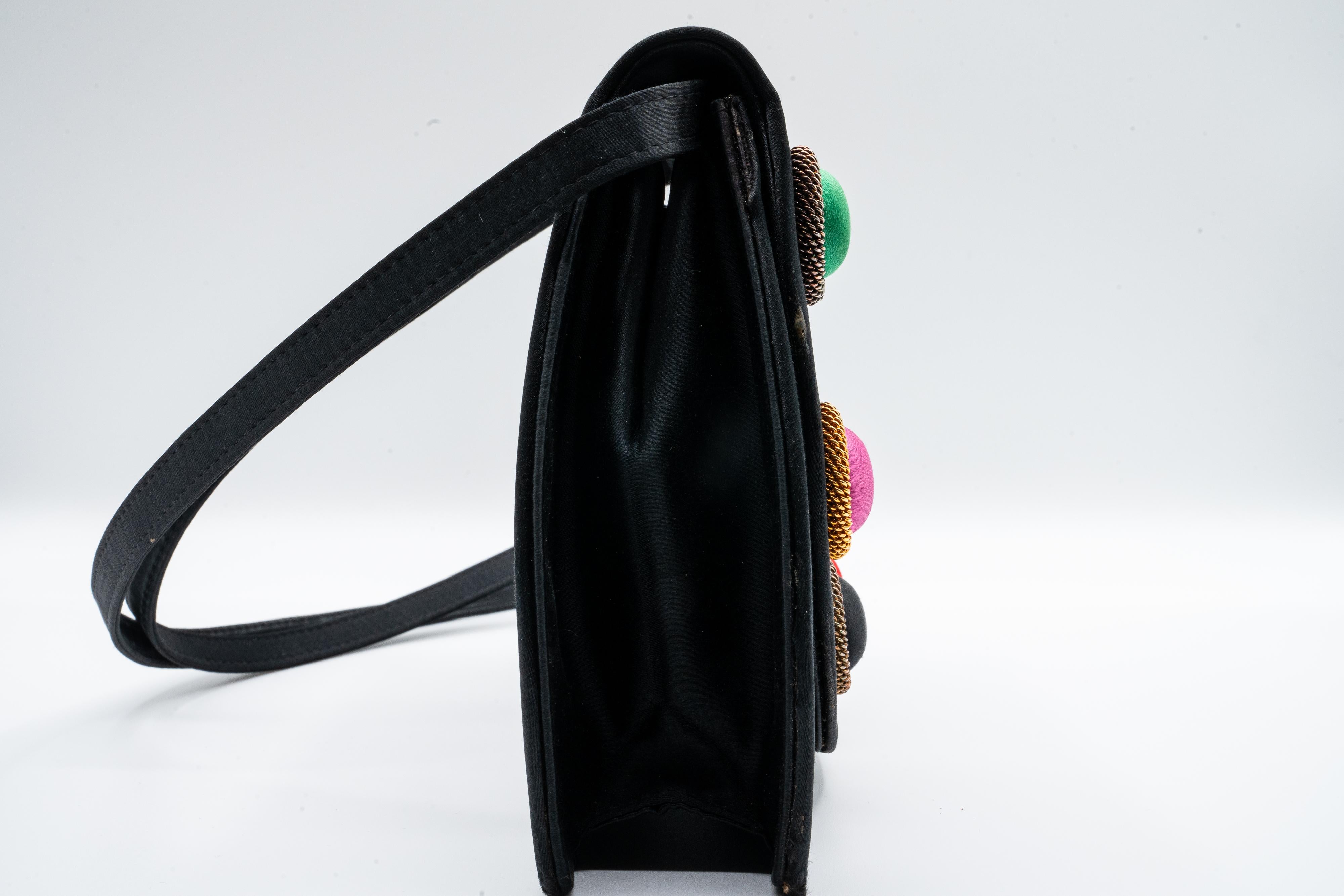 Women's Paloma Picasso Black Satin Colorful Silk Cabochon Bag For Sale