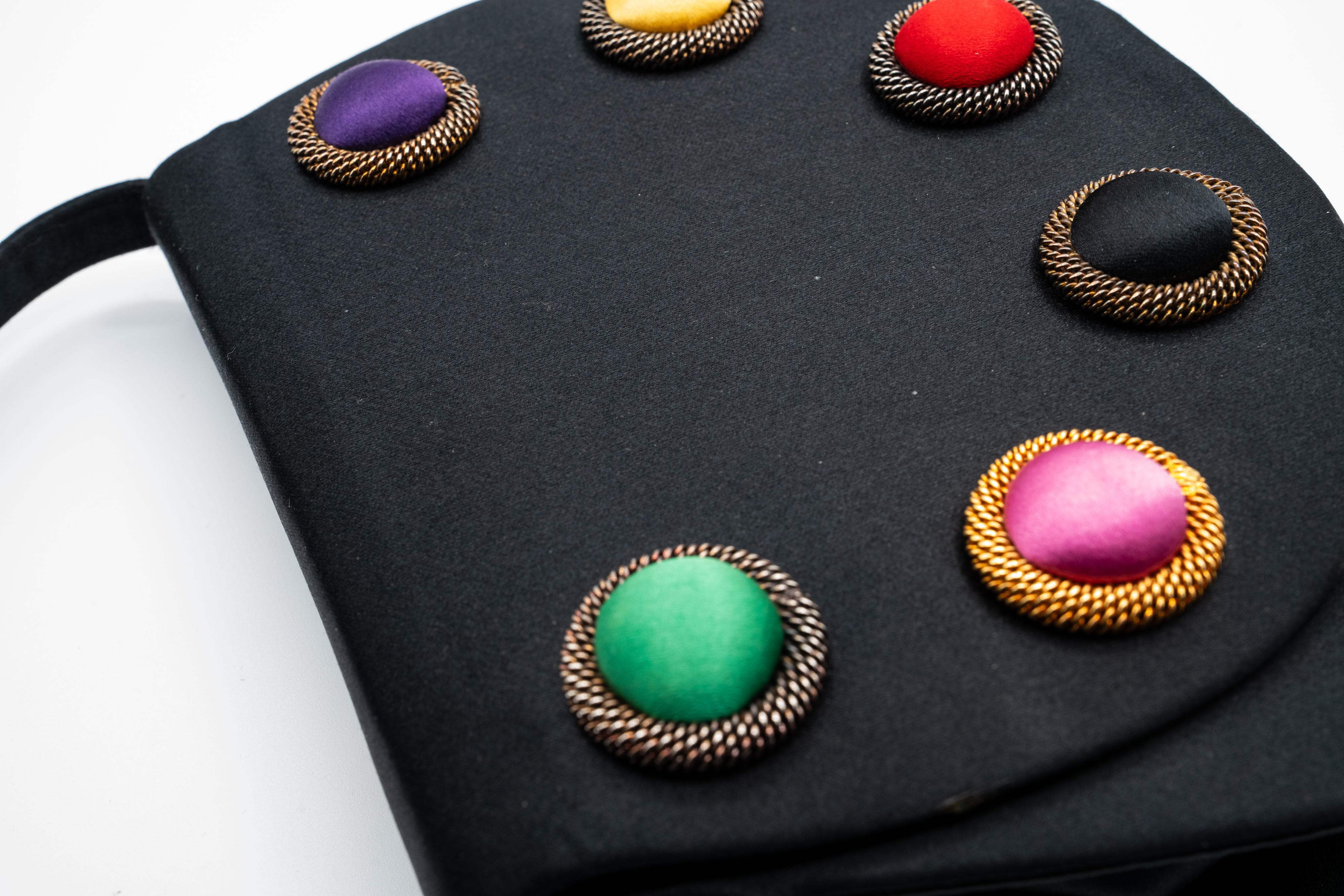 Paloma Picasso Black Satin Colorful Silk Cabochon Bag For Sale 1