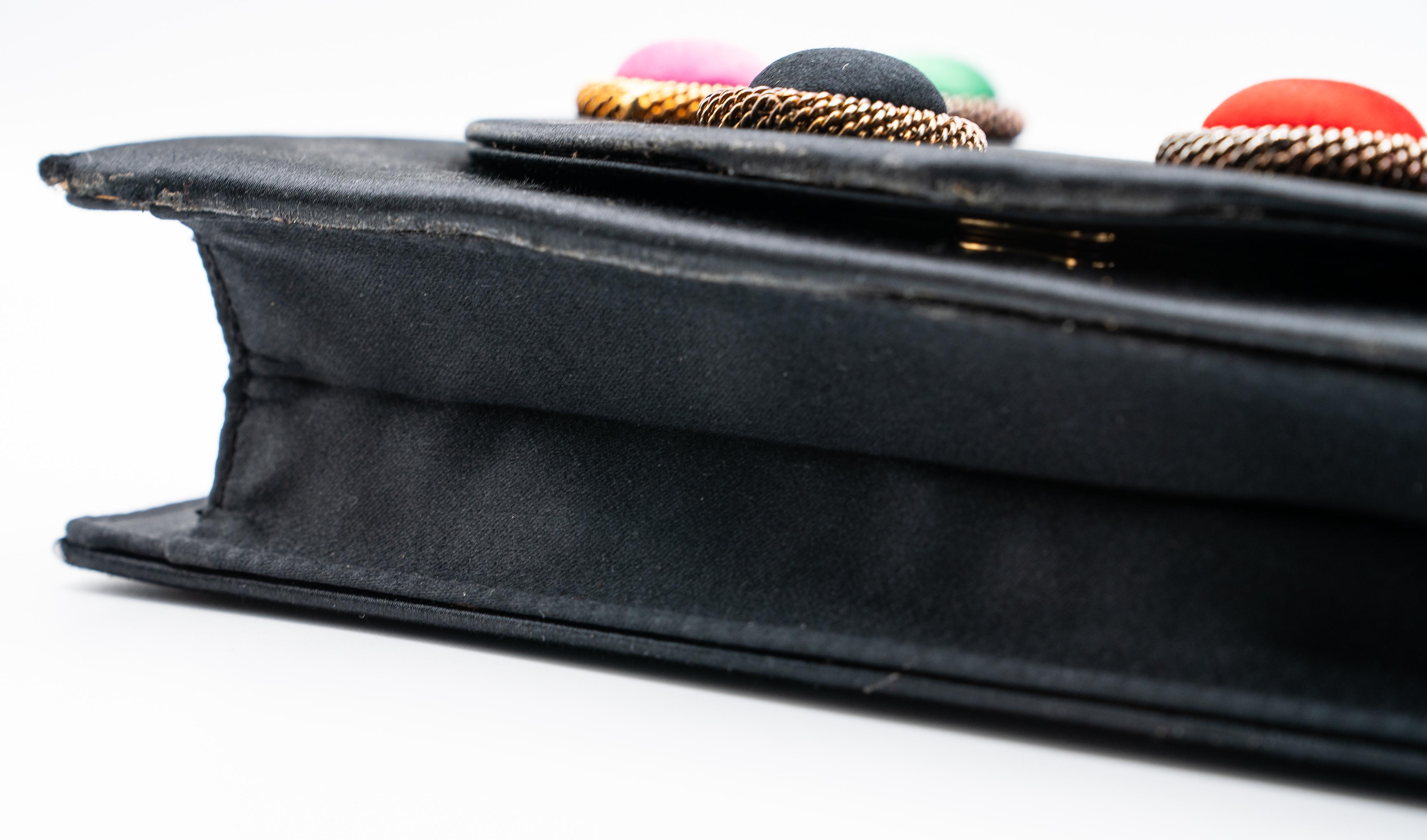 Paloma Picasso Black Satin Colorful Silk Cabochon Bag For Sale 3