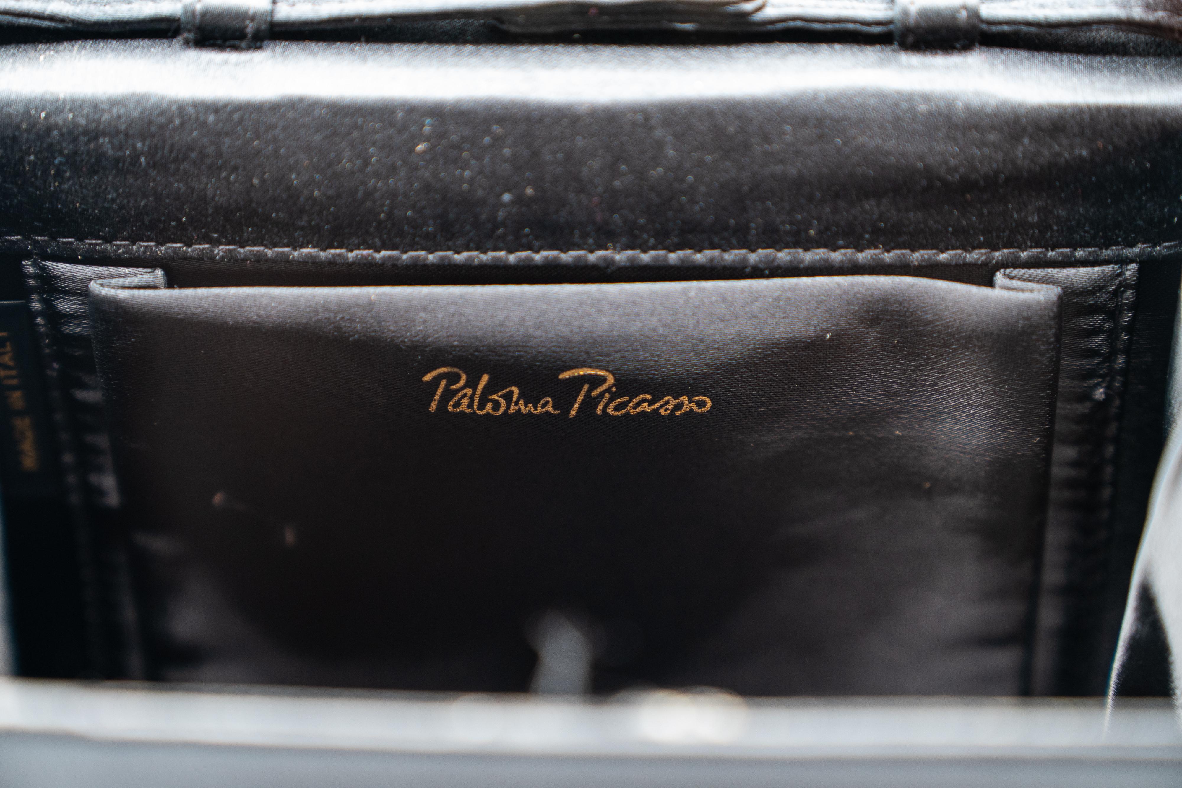 Paloma Picasso Black Satin Colorful Silk Cabochon Bag For Sale 4