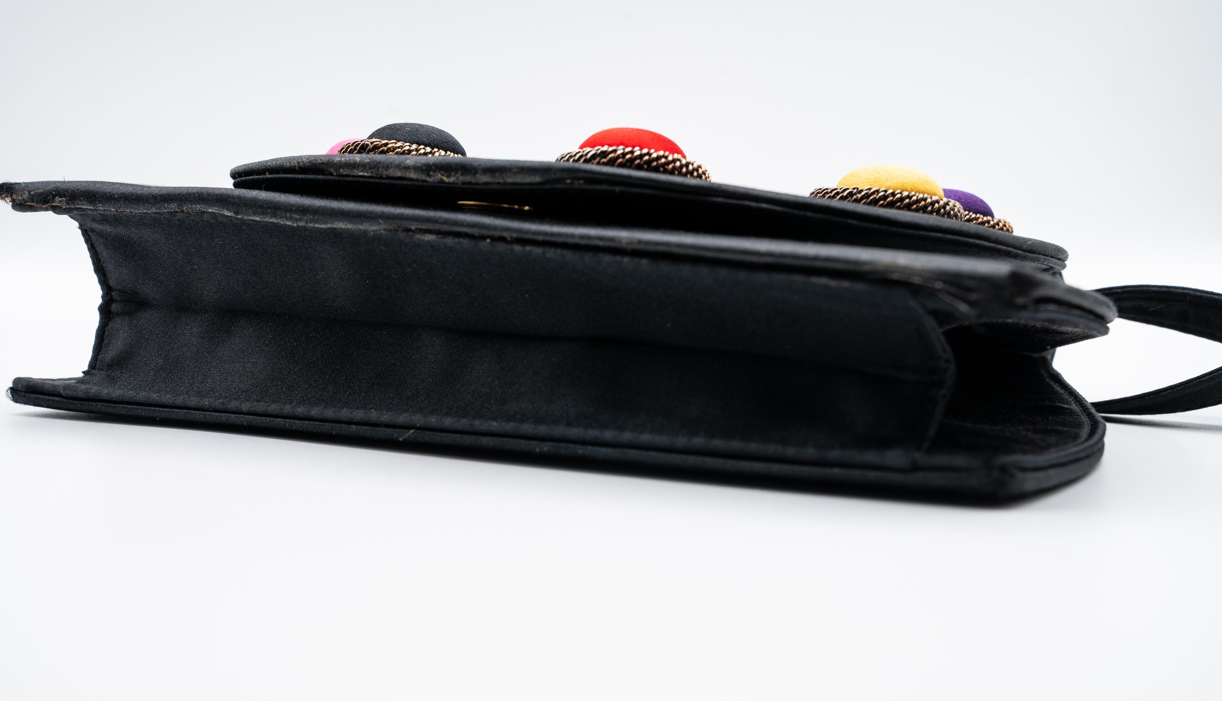 Paloma Picasso Black Satin Colorful Silk Cabochon Bag For Sale 5