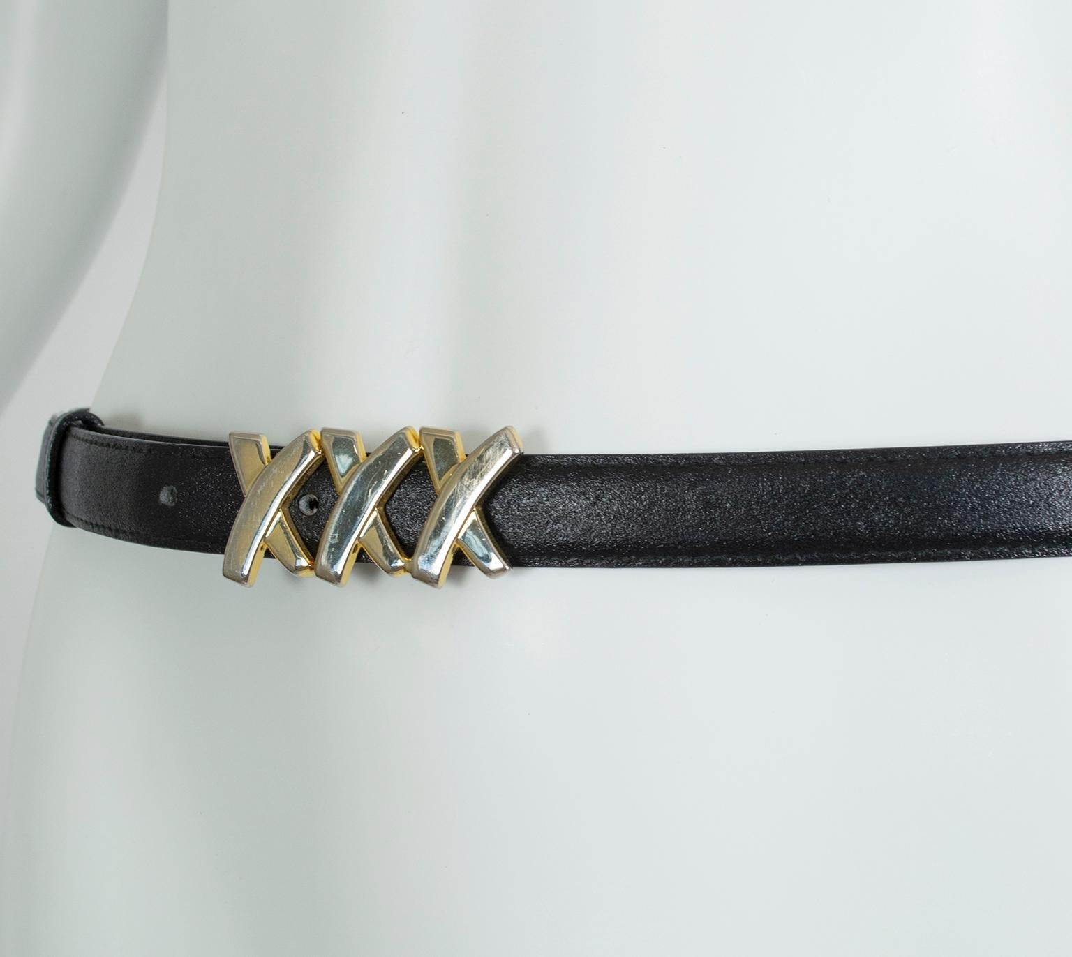 Paloma Picasso Black Leather Triple X Kiss Belt with Gold Hardware – M, 1980s In Good Condition In Tucson, AZ