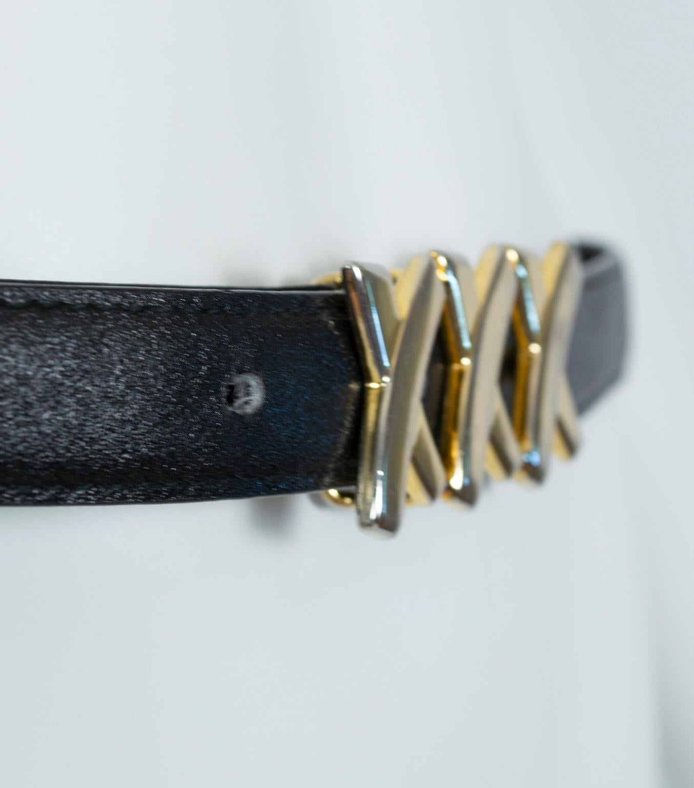 Paloma Picasso Black Leather Triple X Kiss Belt with Gold Hardware – M, 1980s 1