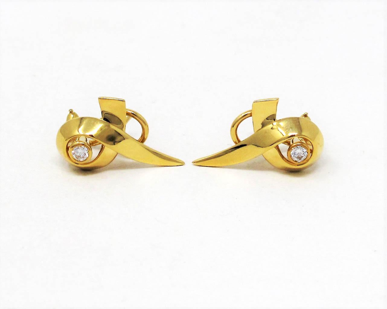 Round Cut Paloma Picasso for Tiffany & Co. 18 Karat Gold Ribbon Earrings with Diamond For Sale