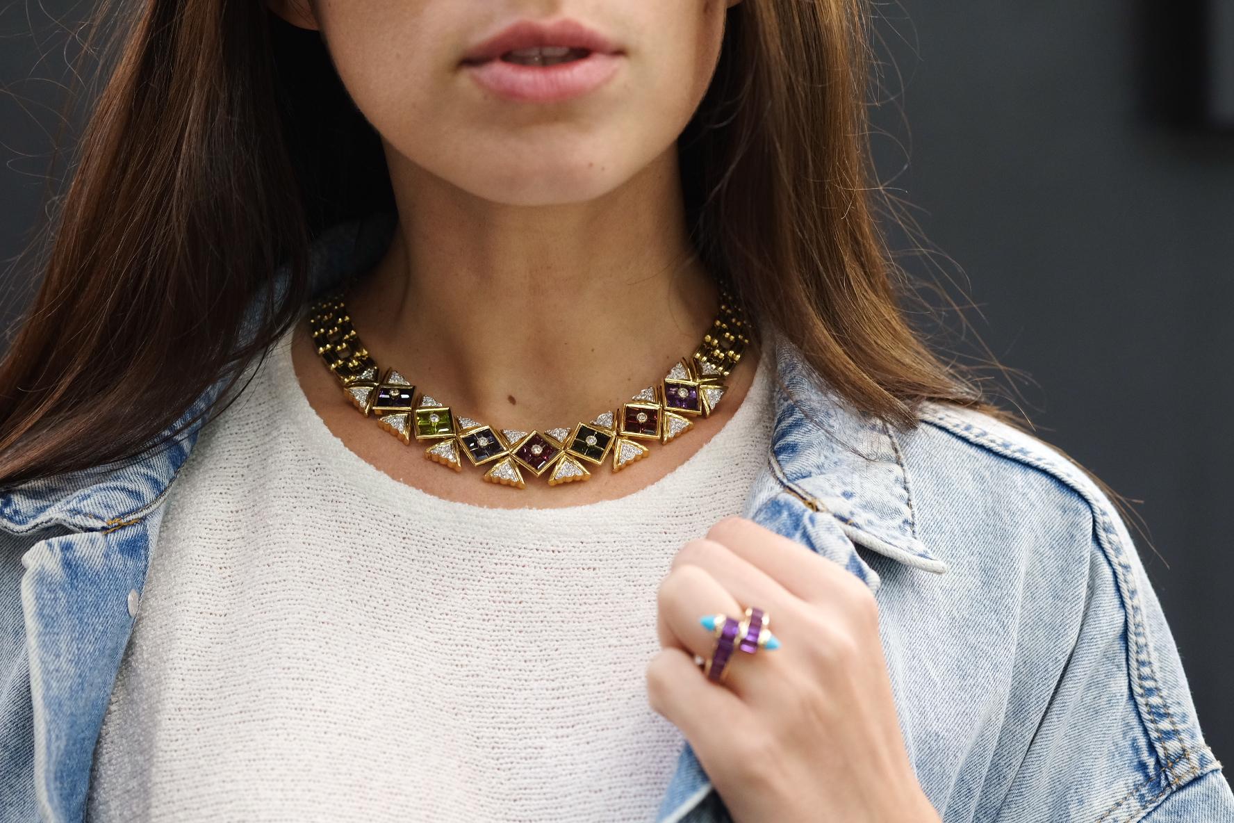 Paloma Picasso für Tiffany & Co. 18K Gold Halsband mit mehreren Edelsteinen und gerippten Gliedern Halskette 1