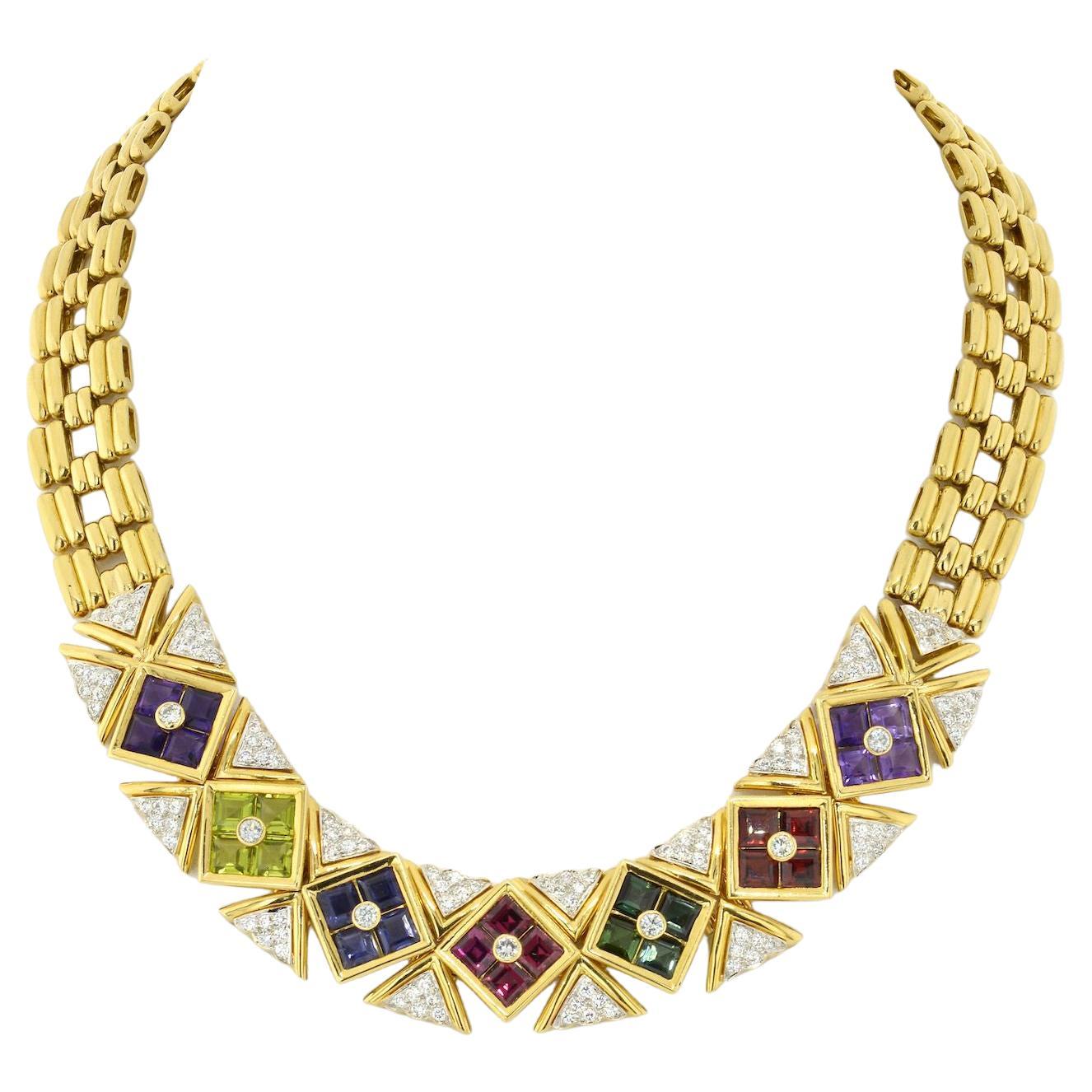 Paloma Picasso for Tiffany & Co. 18K Gold Multi-Gem Collar Ribbed Links Necklace
