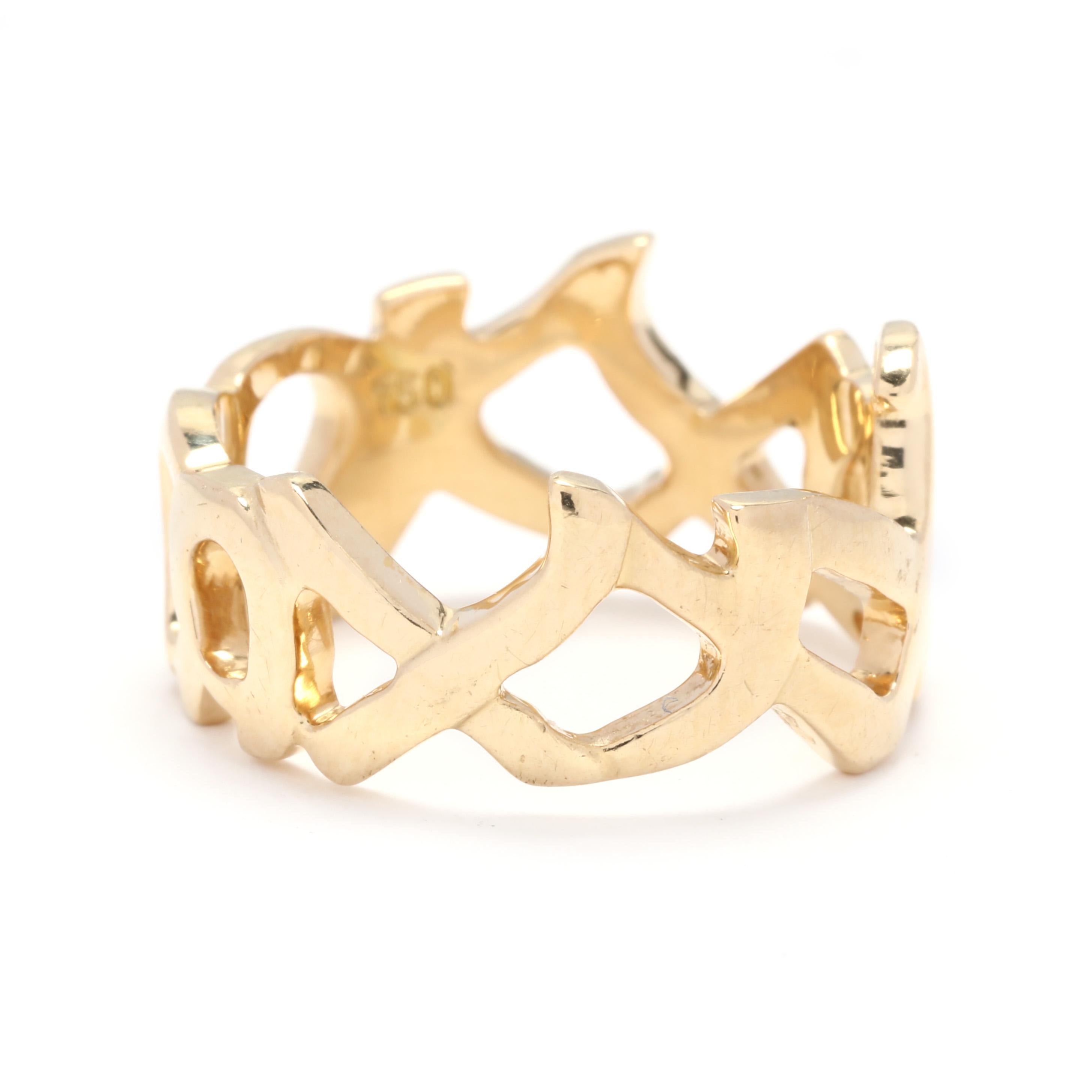 A Paloma Picasso for Tiffany and Company 18 karat yellow gold 'XO' band ring. This ring features an eternity design of cut XXXOOO throughout.

Ring Size 5

Width: 10 mm

3.9 dwts.

* Please note that this is a vintage item and may show signs of