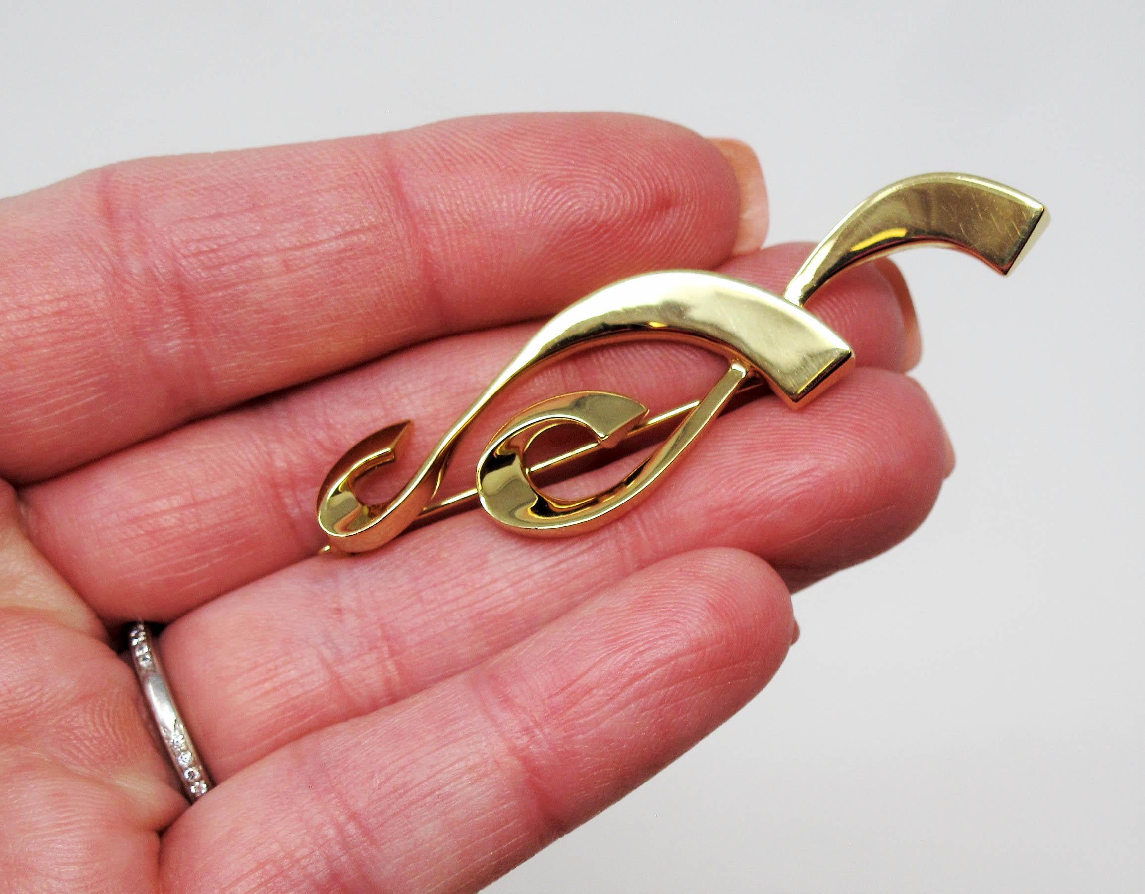 Women's Paloma Picasso for Tiffany & Co. 2 Ribbon Swirl Brooch Pin 18 Karat Yellow Gold For Sale