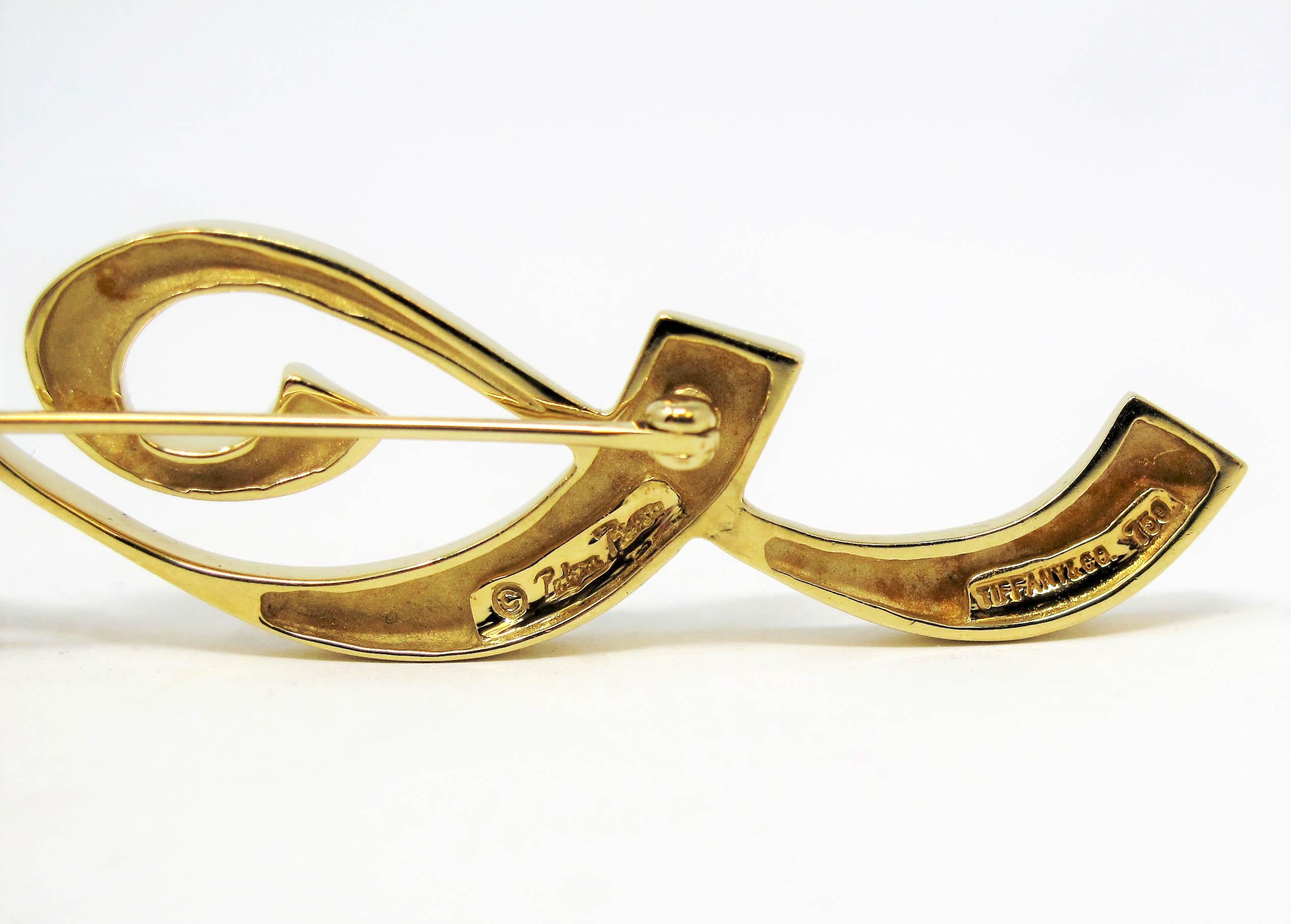 Paloma Picasso for Tiffany & Co. 2 Ribbon Swirl Brooch Pin 18 Karat Yellow Gold For Sale 1