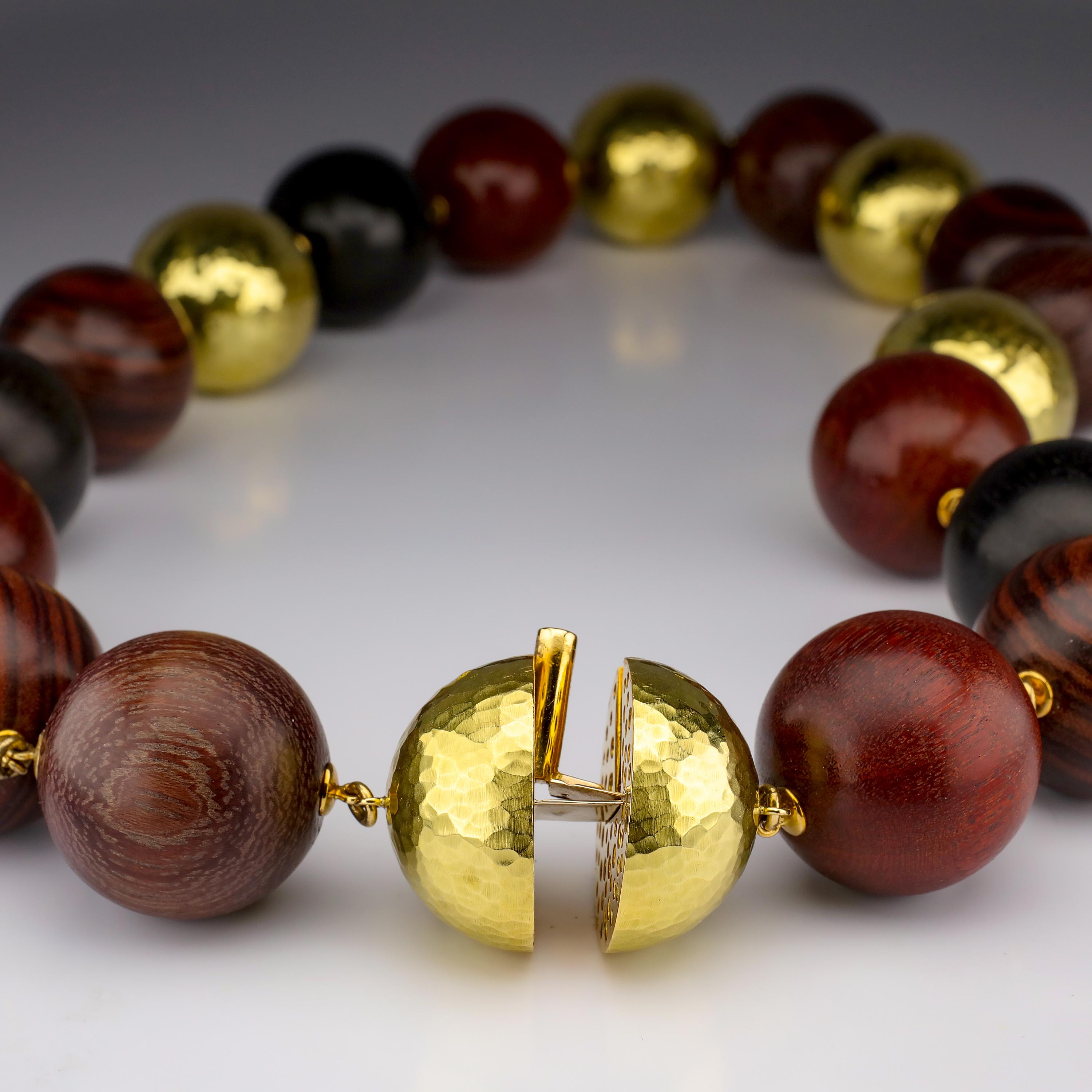 Paloma Picasso for Tiffany & Co. Exotic Wood and Hammered Gold Bead Necklace In Excellent Condition In Southbury, CT
