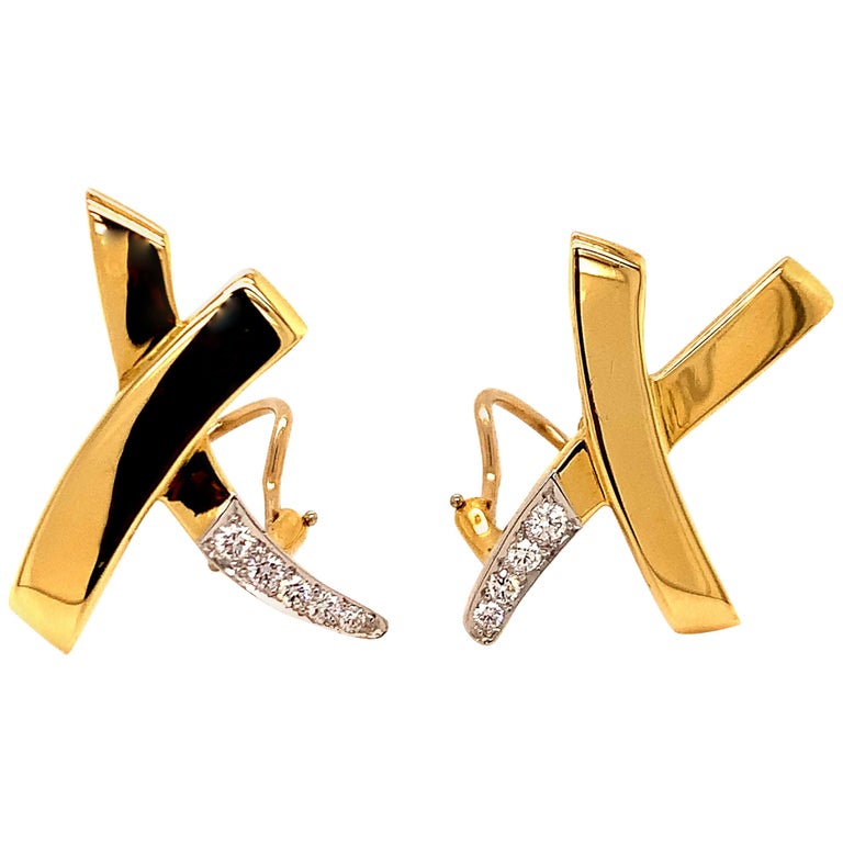 Paloma Picasso for Tiffany & Co. Large X Diamond Gold and Platinum Earrings For Sale