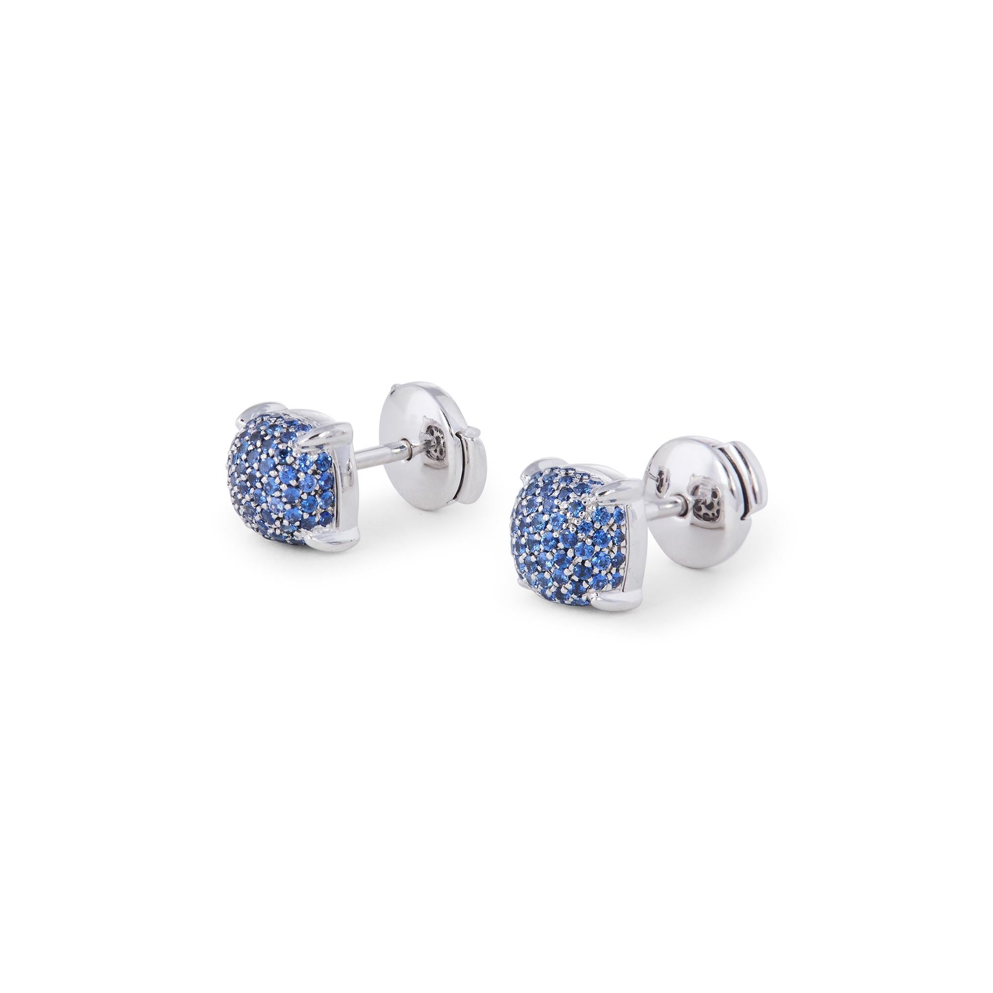 Authentic Palmoa Picasso for Tiffany & Co. Sugar Stacks earrings crafted in 18 karat white gold.  Each domed stud earring is pave set blue sapphires for approximately 0.58 carats total weight.  The earrings measure 0.03 inches x 0.30 inches.  Signed