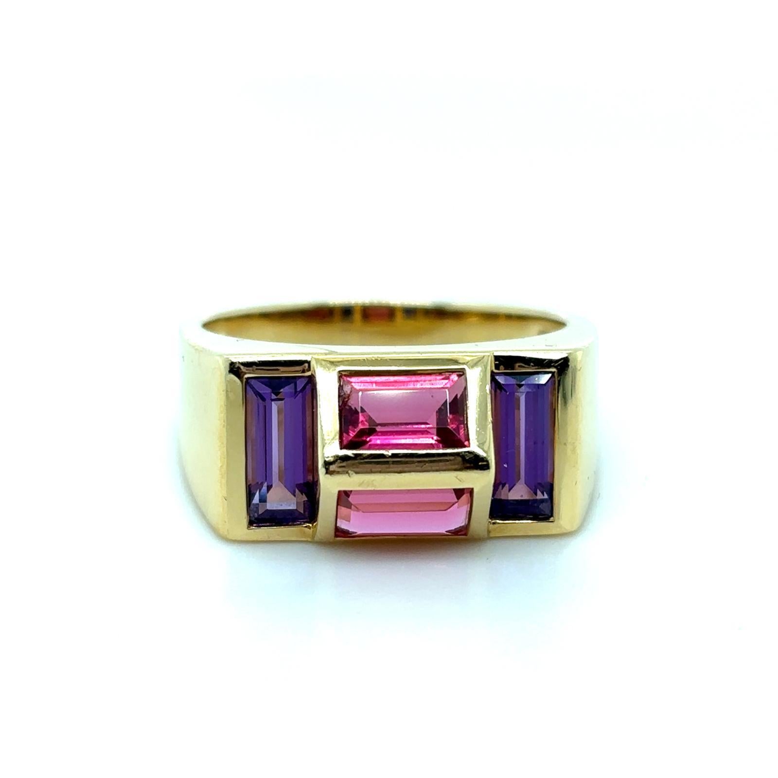 A Paloma Picasso for Tiffany & Co amethyst and pink sapphire 18 karat yellow gold ring

This unusual and striking ring is designed as a highly polished geometric pyramid rising from the finger, bezel set with an outer pair of baguette cut amethysts