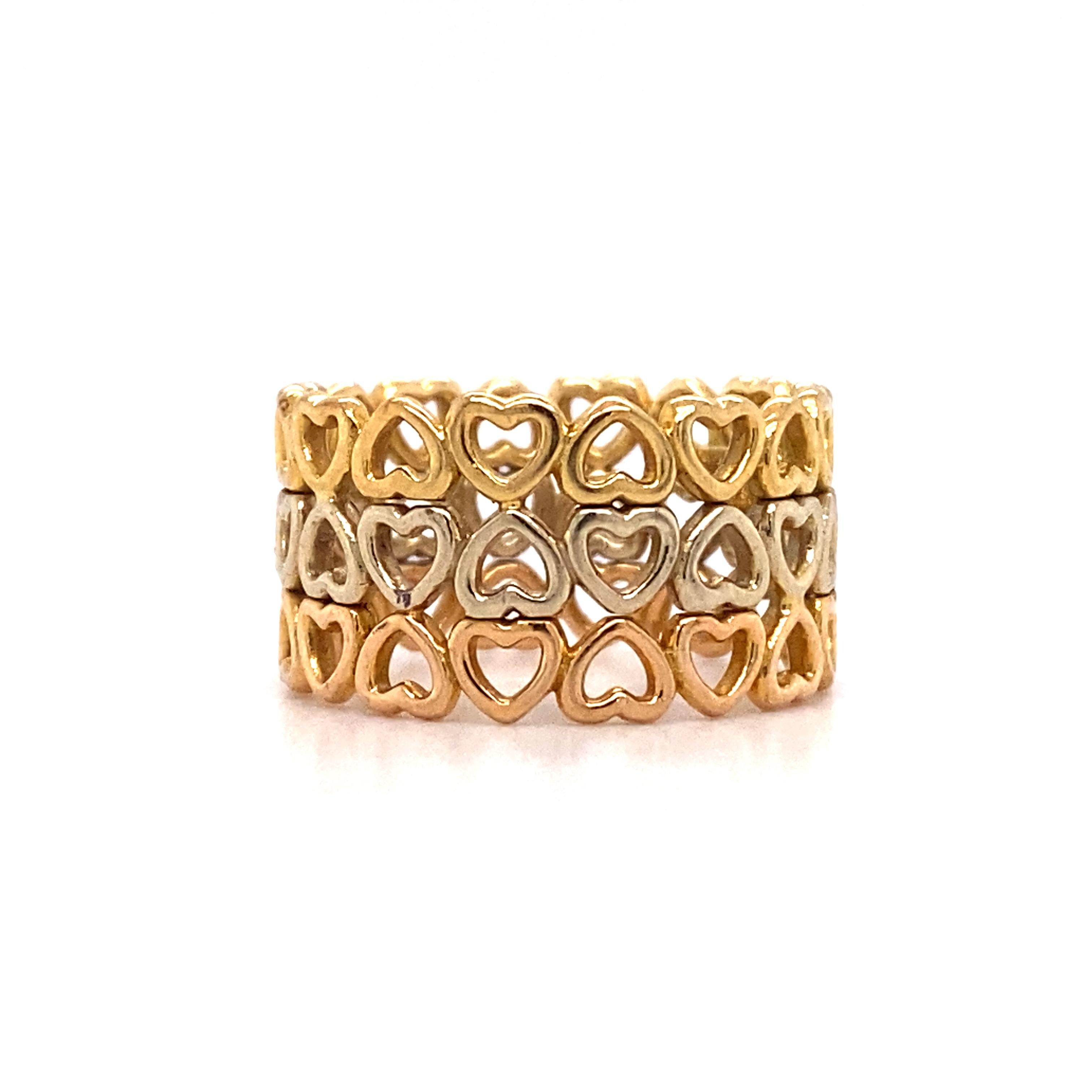 Circa: 1990
Metal Type: 18 karat yellow, white and rose gold 
Weight: 4.9 grams
Size: US 4.5, not resizable
