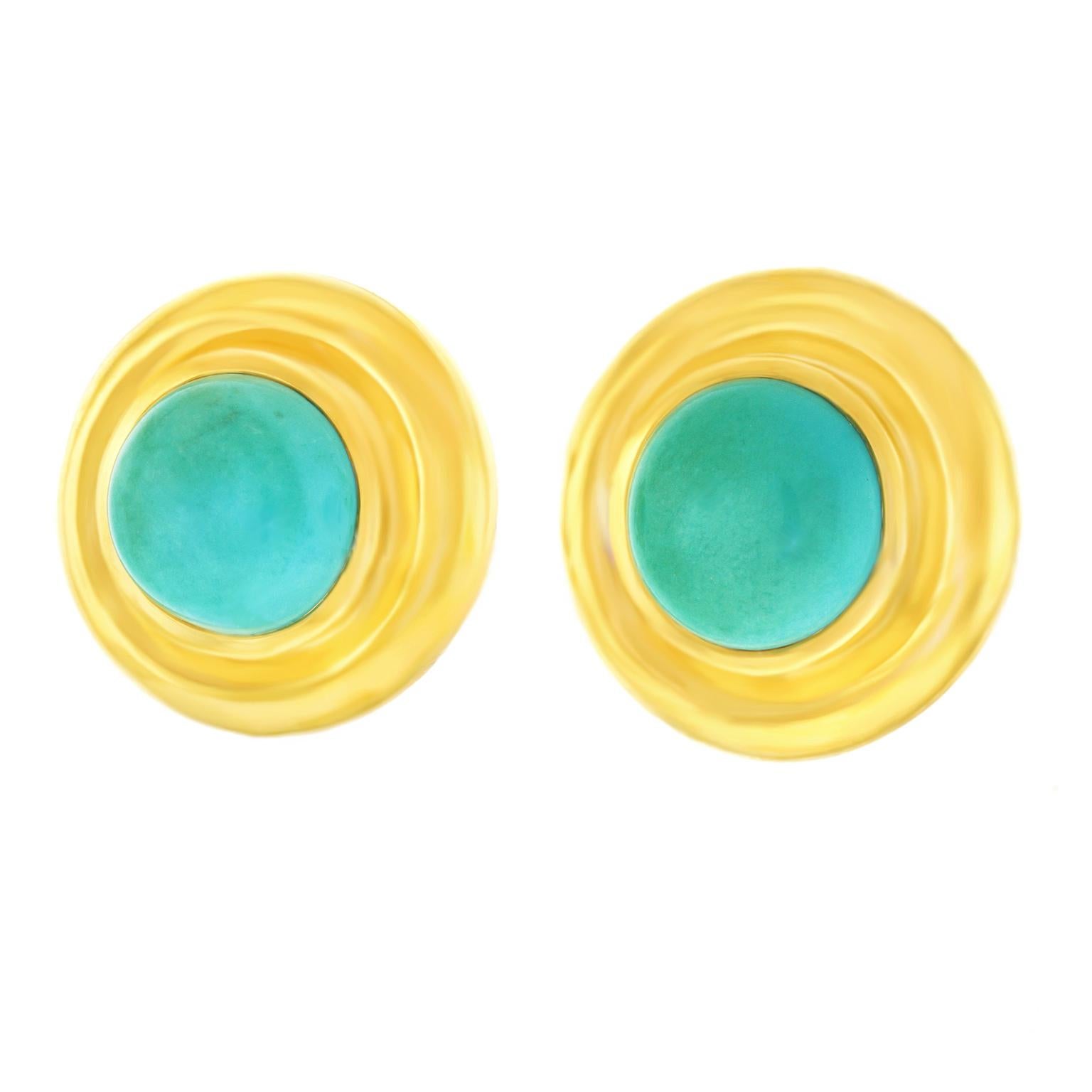 Paloma Picasso for Tiffany & Co. Turquoise Set Gold Earrings In Excellent Condition In Litchfield, CT