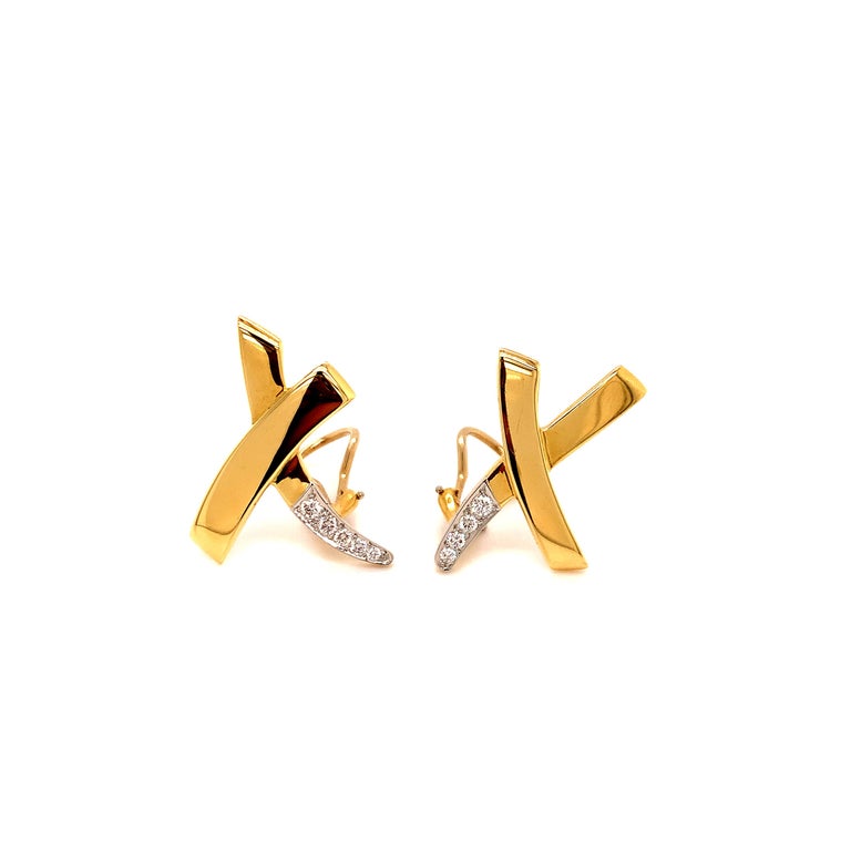 Round Cut Paloma Picasso for Tiffany & Co. Large X Diamond Gold and Platinum Earrings For Sale