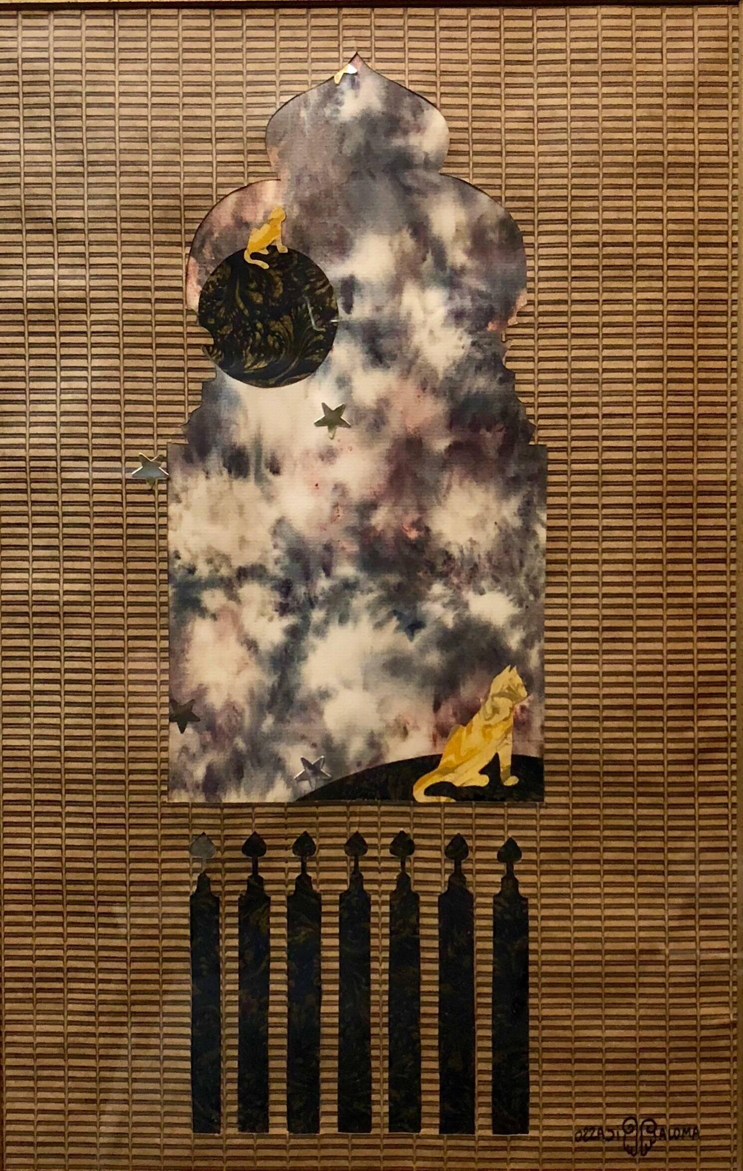 Original Paloma Picasso Vintage Papier und Folie Collage Malerei Katze abstrakte Mod