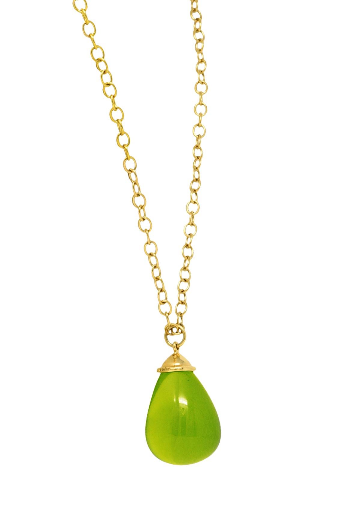 Necklace is designed as cable chain suspending a substantial teardrop shaped crystal quartz. Transparent yellowish-green in color with medium saturation - measuring 23.0 x 30.0 mm. Suspended from a fluted terminal cap. Completed by lobster clasp