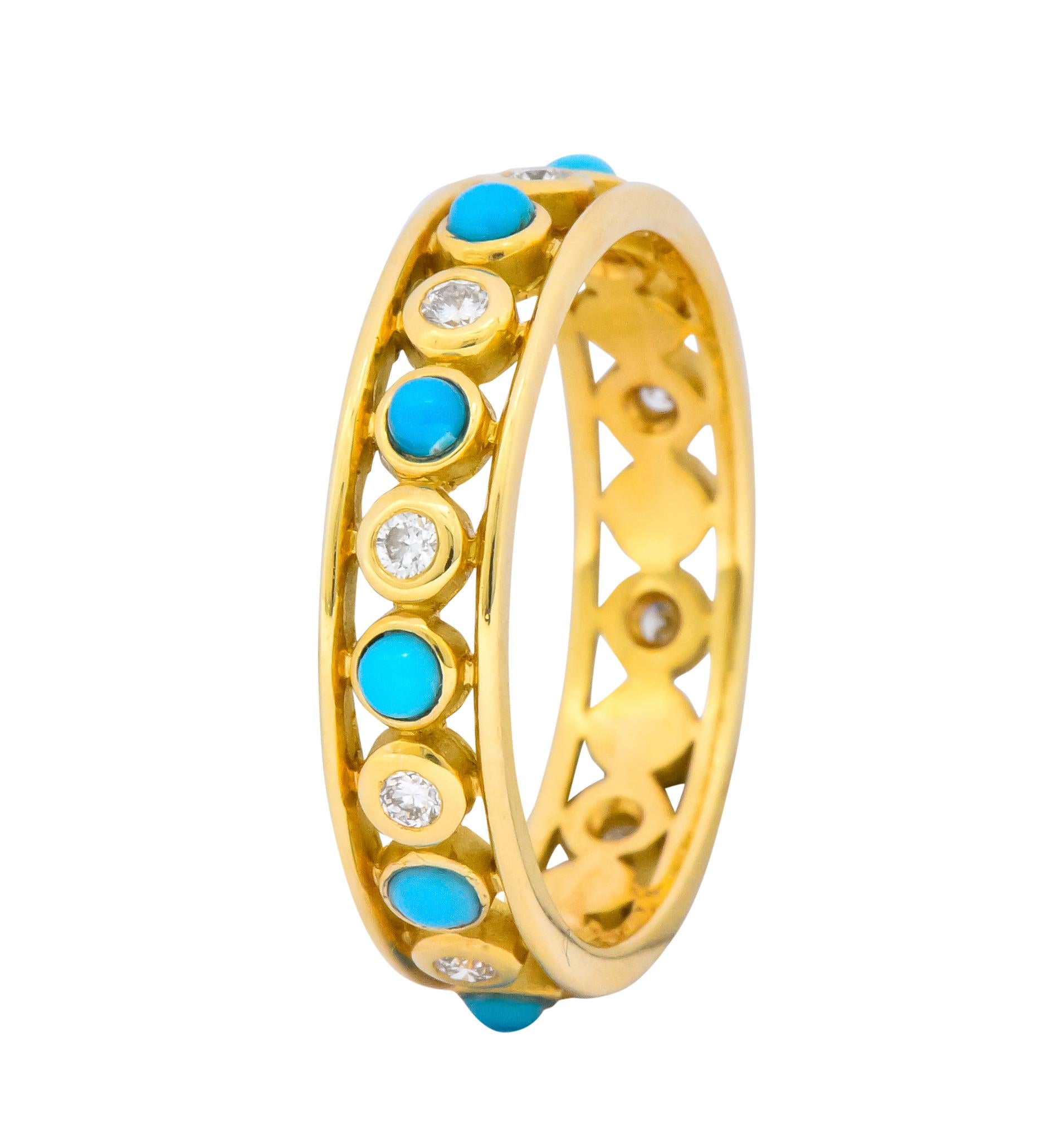 Alternating bezel set round brilliant cut diamonds and round cabochon turquoise

Ten round brilliant cut diamonds weighing approximately 0.30 carat, G/H color and VS clarity

Open-work gold with highly polished edges

Fully signed Paloma Picasso, T