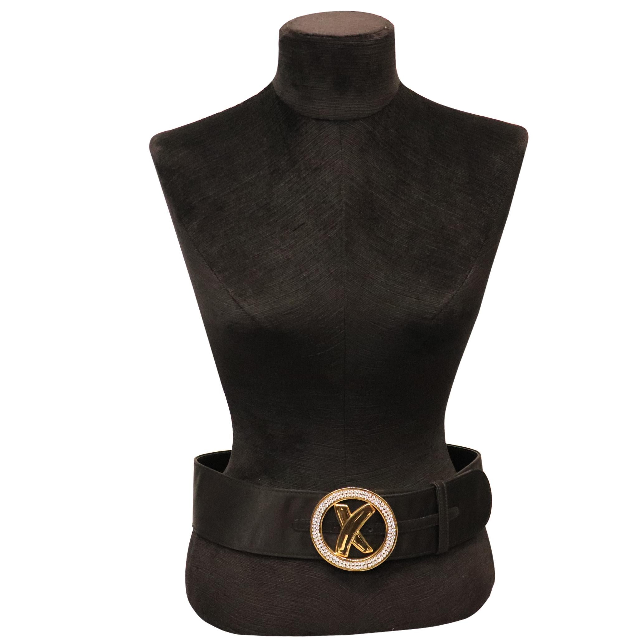 Palsha Picasso Black Satin and Gold Buckle Belt. In excellent condition 

Measurements:

Longest length - 31.75 inches 
Shortest length - 24.25 inches 
Width - 2.5 inches