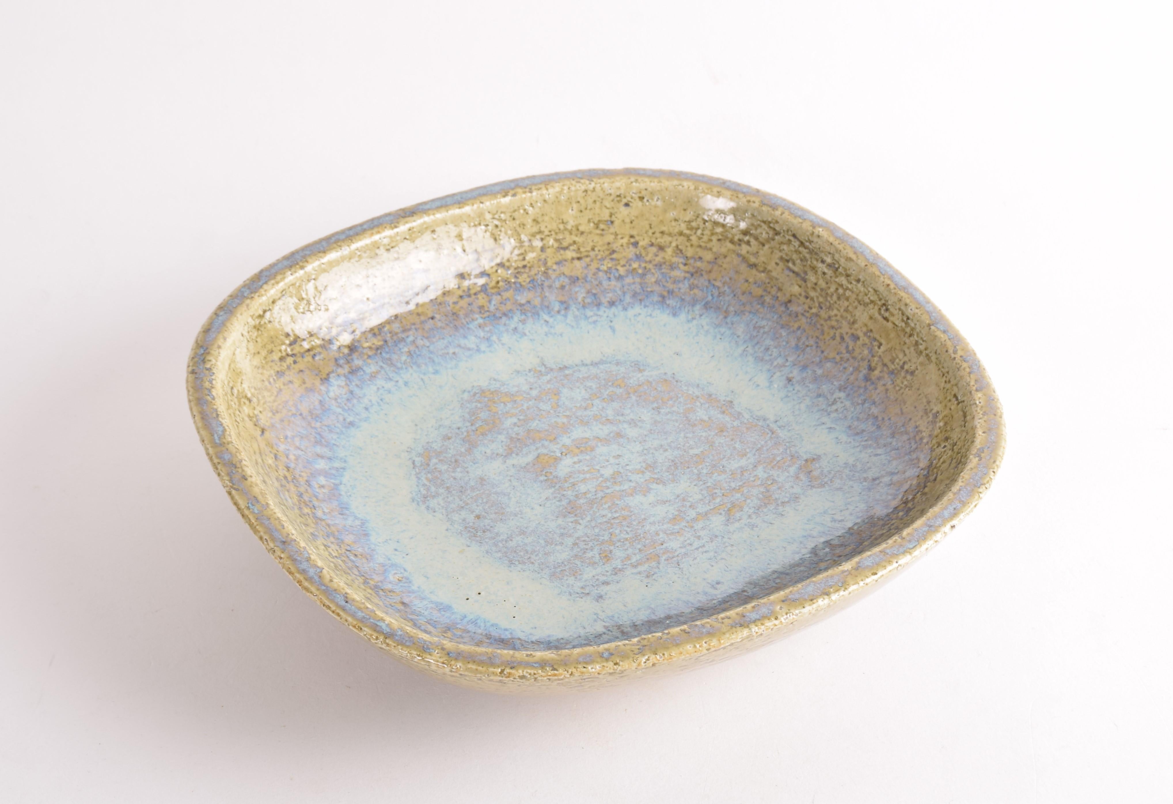Mid-20th Century Palshus Large Flat Ceramic Bowl Green Blue by Per Linnemann-Schmidt Danish 1960s