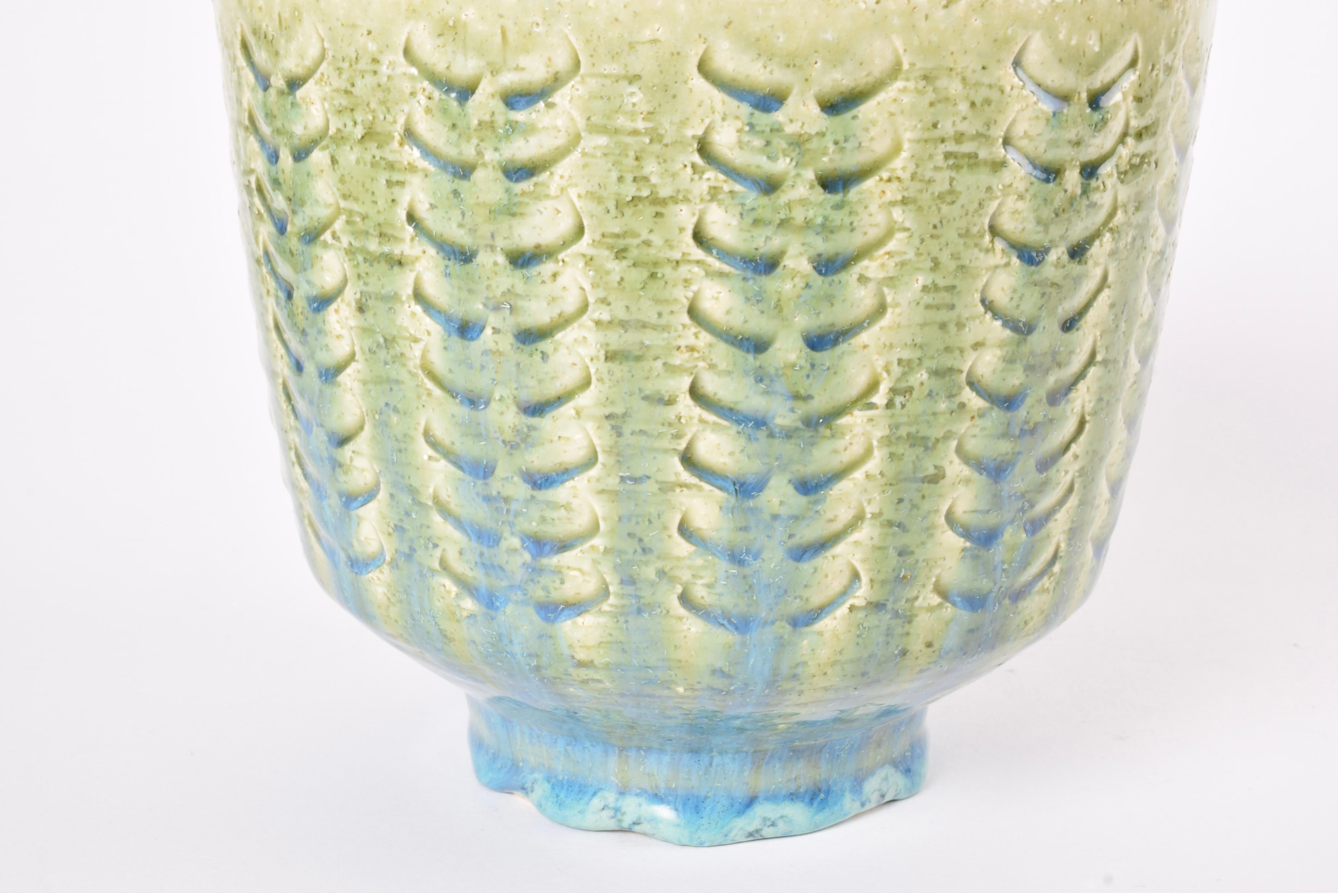 Palshus Large Flowerpot Green with Blue Chamotte Ceramic, Danish Modern 1960s Glaseado en venta