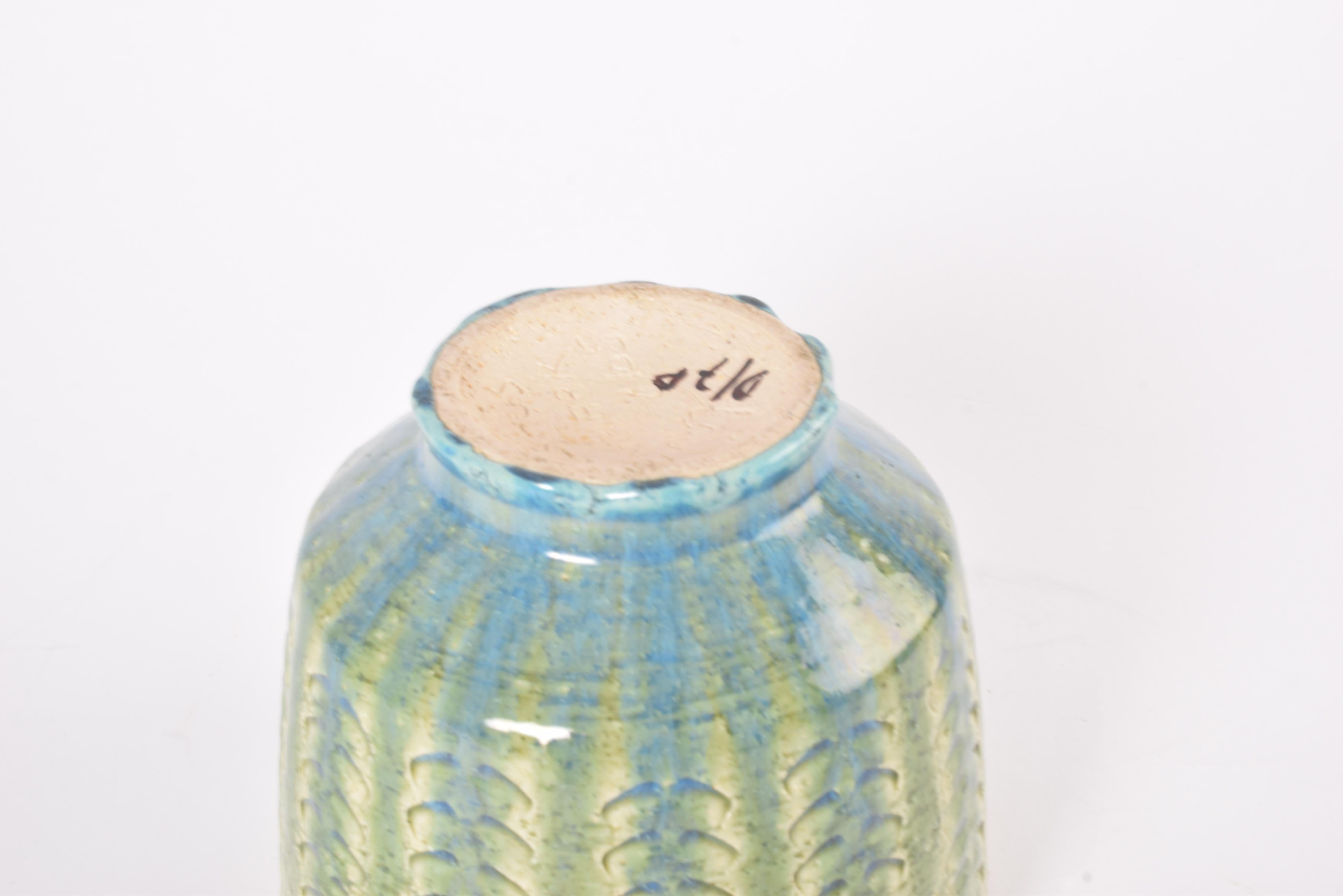 Palshus Large Flowerpot Green with Blue Chamotte Ceramic, Danish Modern 1960s en venta 1