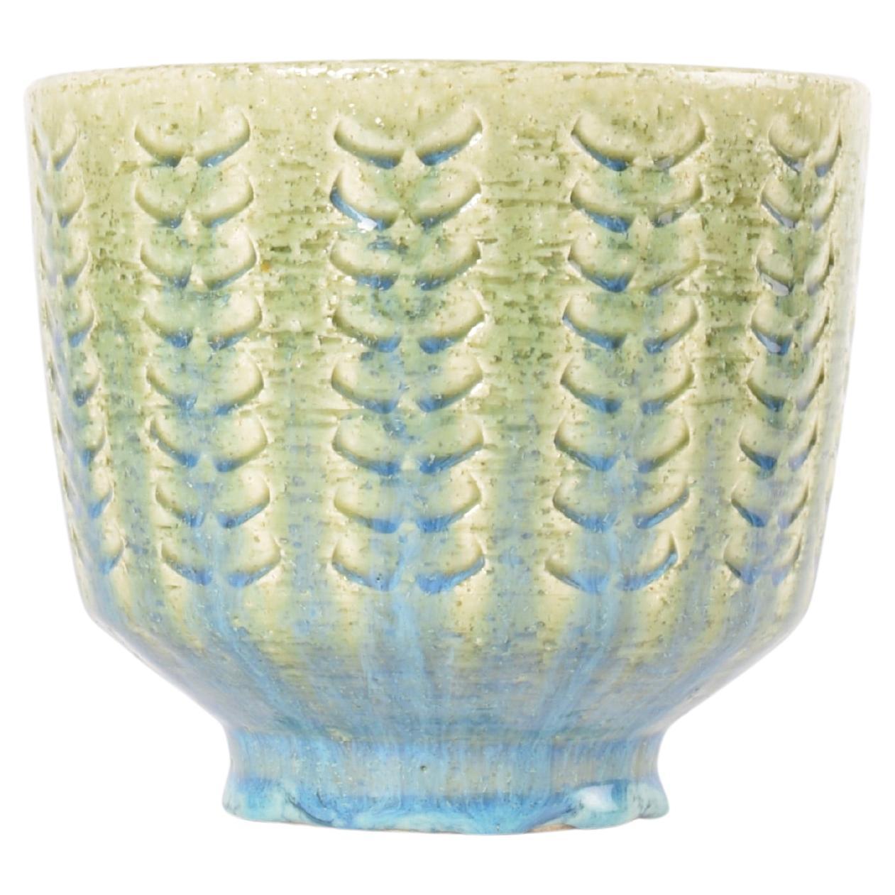 Palshus Large Flowerpot Green with Blue Chamotte Ceramic, Danish Modern 1960s en venta
