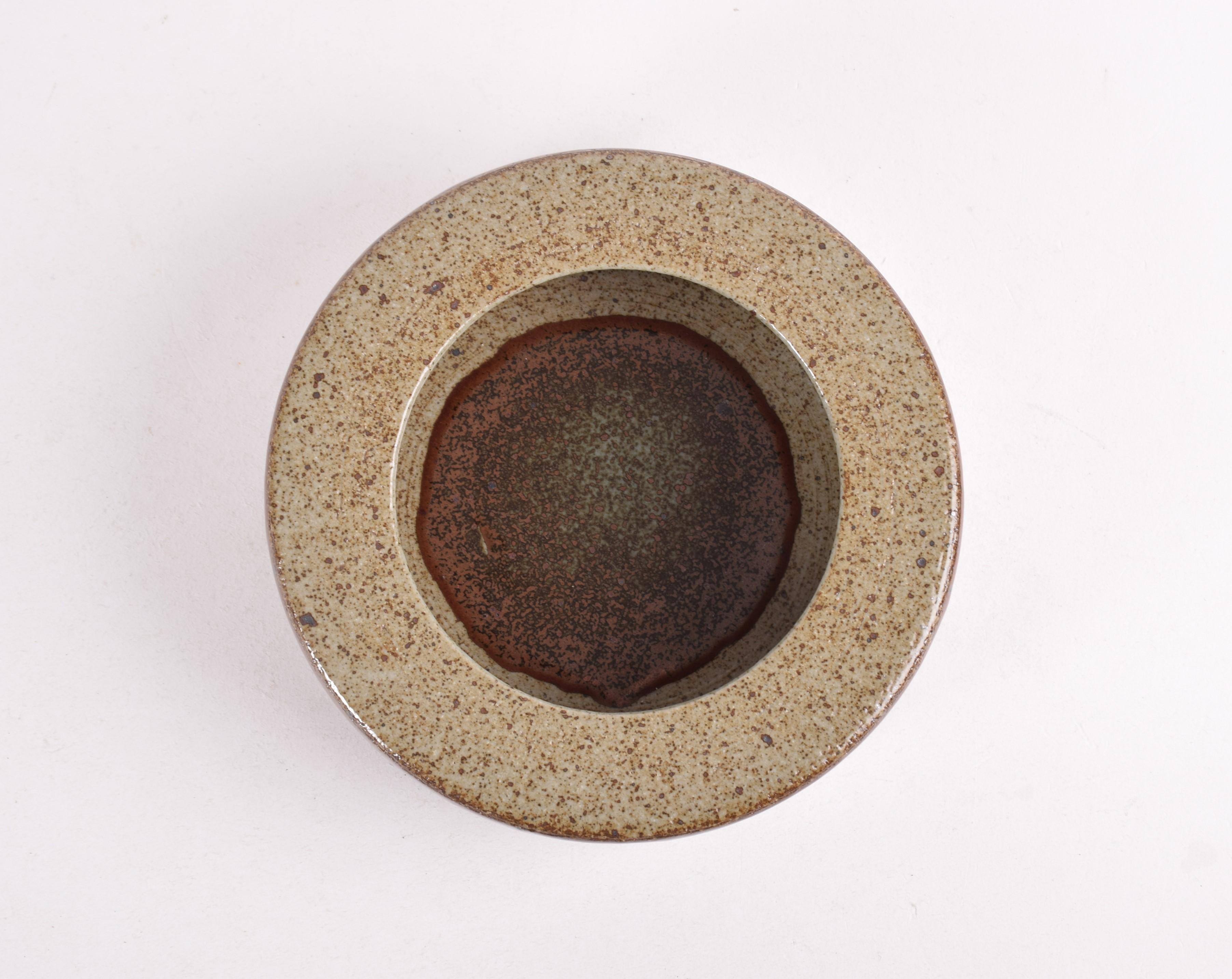 Scandinavian Modern Palshus Low Circular Bowl with Brown Beige Glaze Danish Midcentury Ceramic 1960s